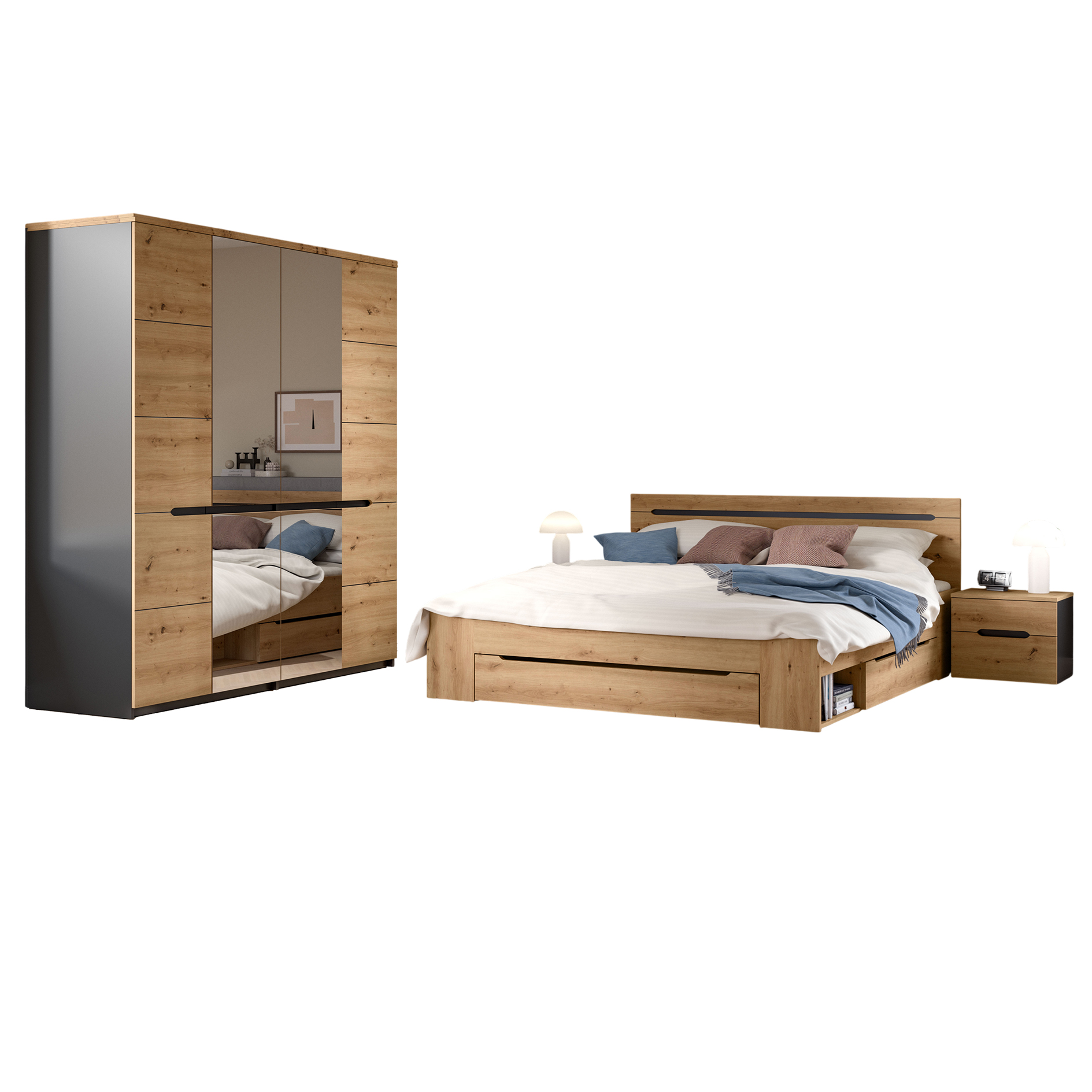 4-teiliges Schlafzimmer-Set CANU - Artisan Eiche - basaltgrau - 180x200 cm