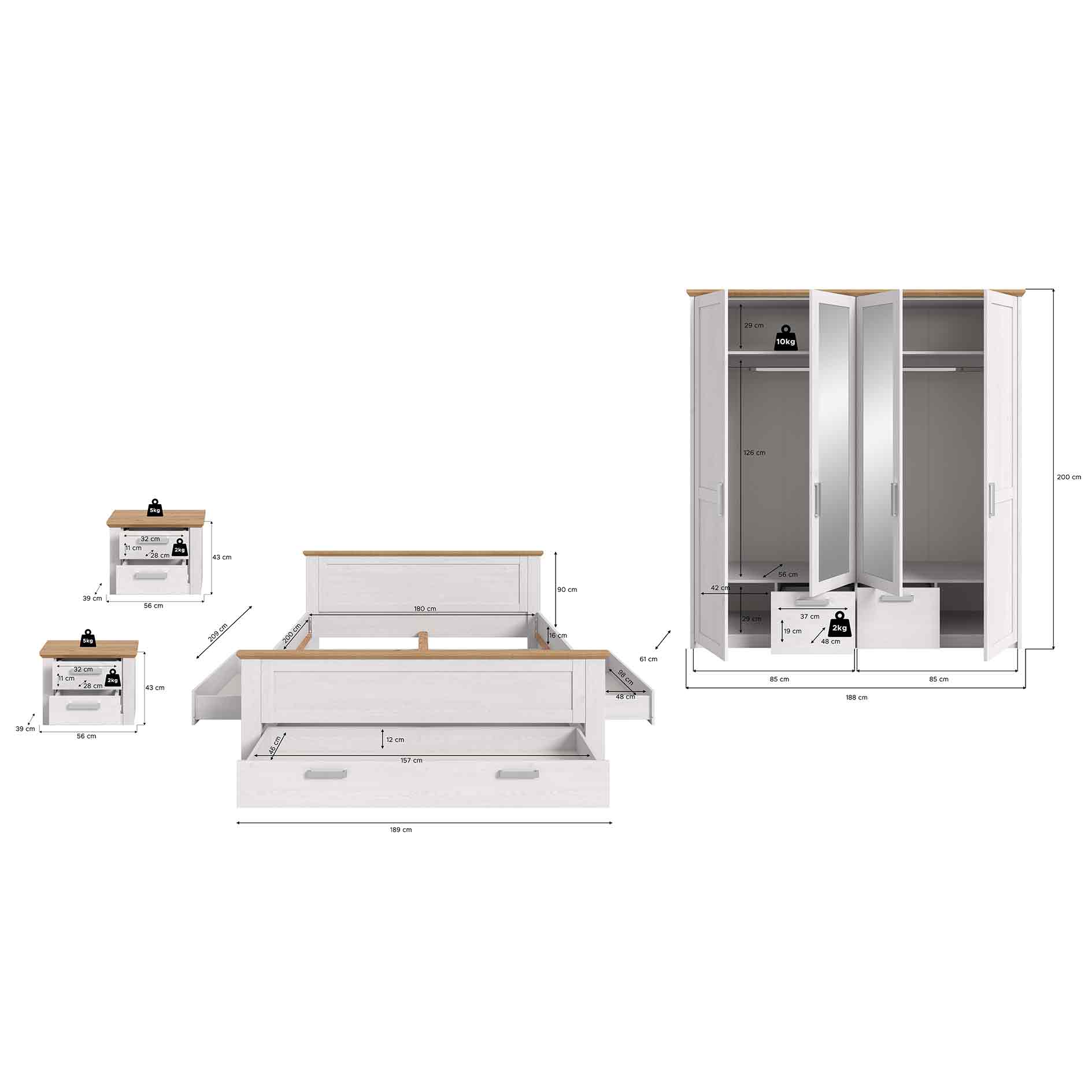 4-teiliges Schlafzimmer-Set VERONA - Sibiu Lärche - Artisan Eiche - mit Unterbettauszügen
