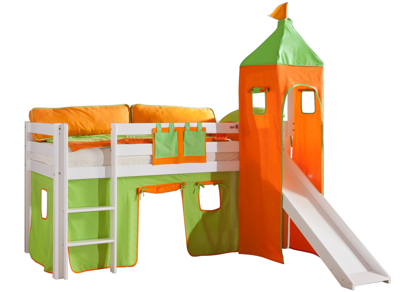 4-teiliges Stoffset - grün-orange - für Halbhochbett mit Turm ALEX und KIM mit Rutsche