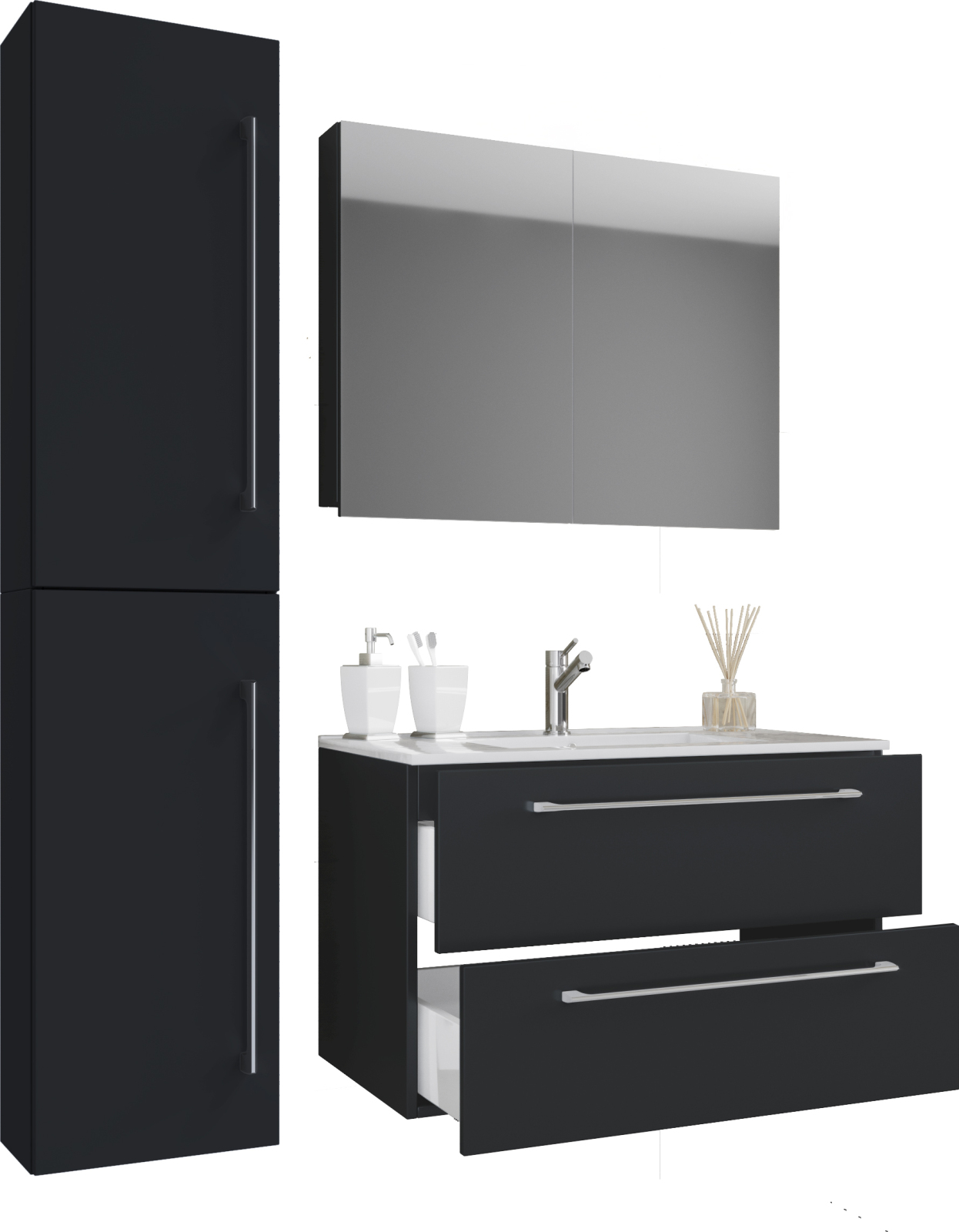 4-teiliges Waschplatz-Set BADINOS - schwarz - mit Spiegelschrank