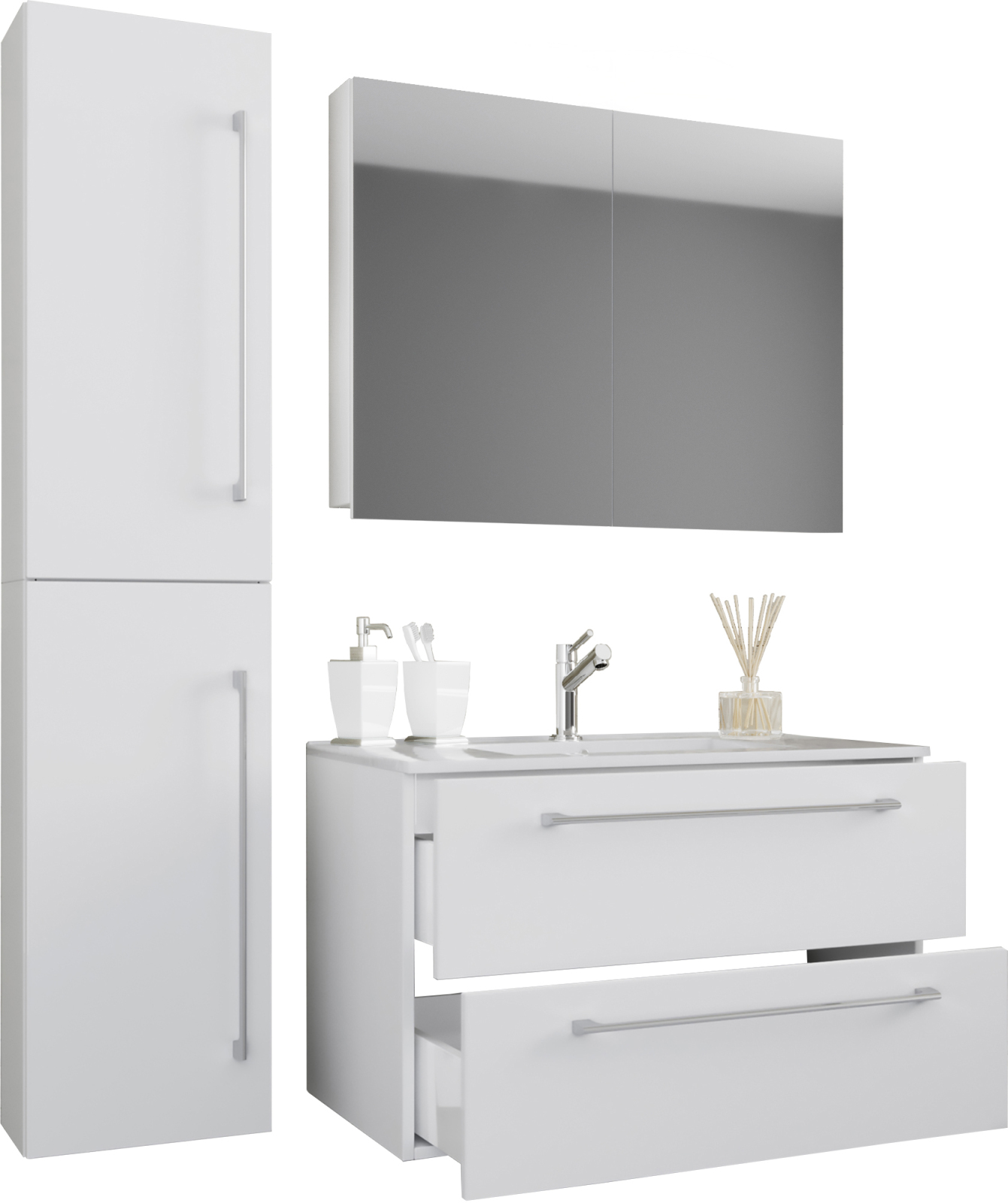 4-teiliges Waschplatz-Set BADINOS - weiß - mit Spiegelschrank