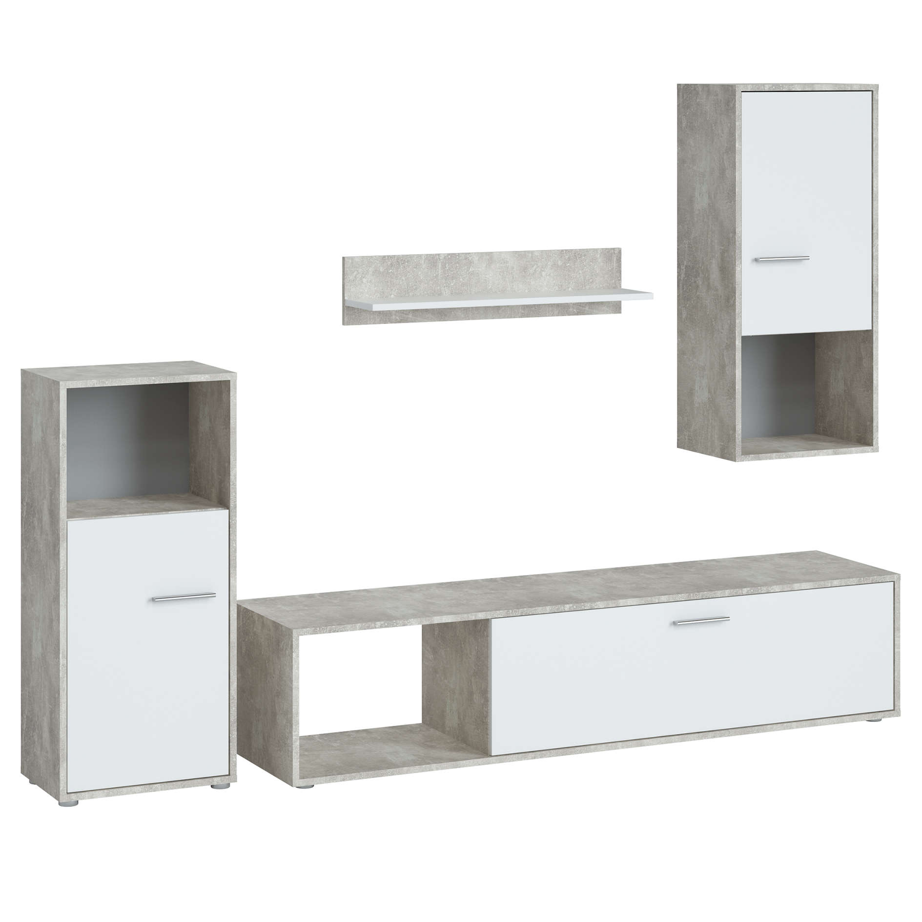 4-teiliges Wohnwand-Set - Beton-Optik - perlweiß