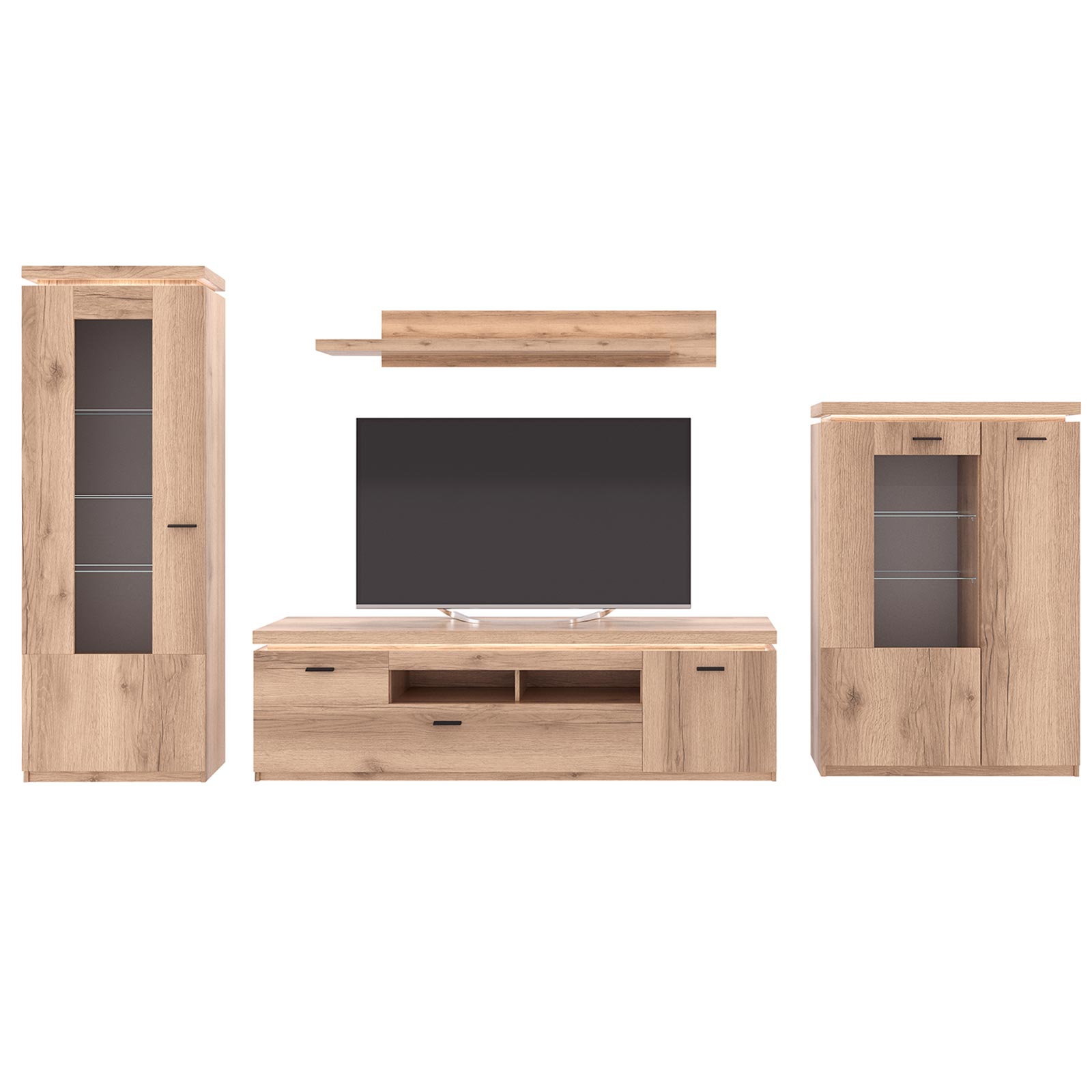 4-teiliges-Wohnwand-Set - Viking Oak - mit LED-Beleuchtung