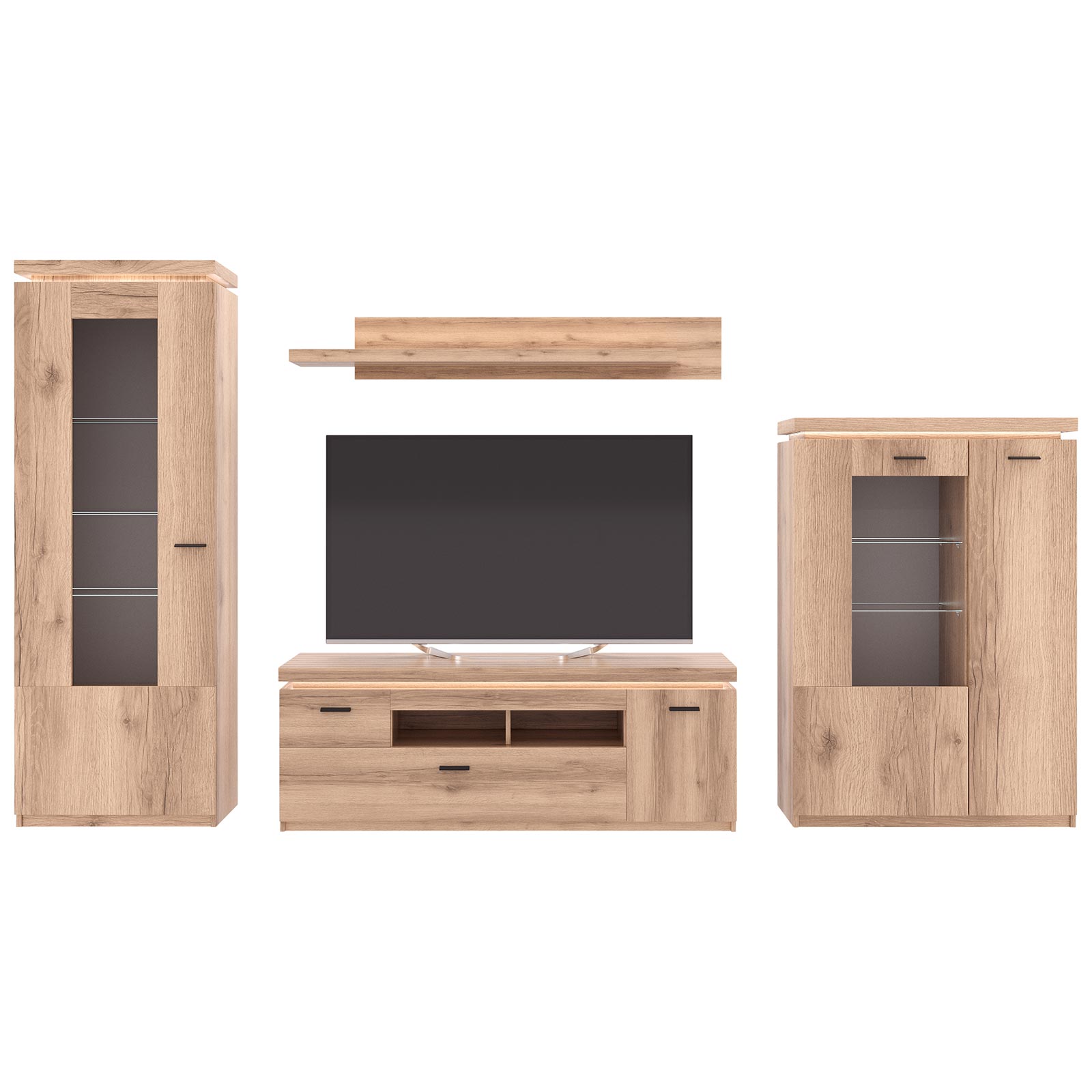 4-teiliges Wohnwand-Set - Viking Oak - mit LED-Beleuchtung