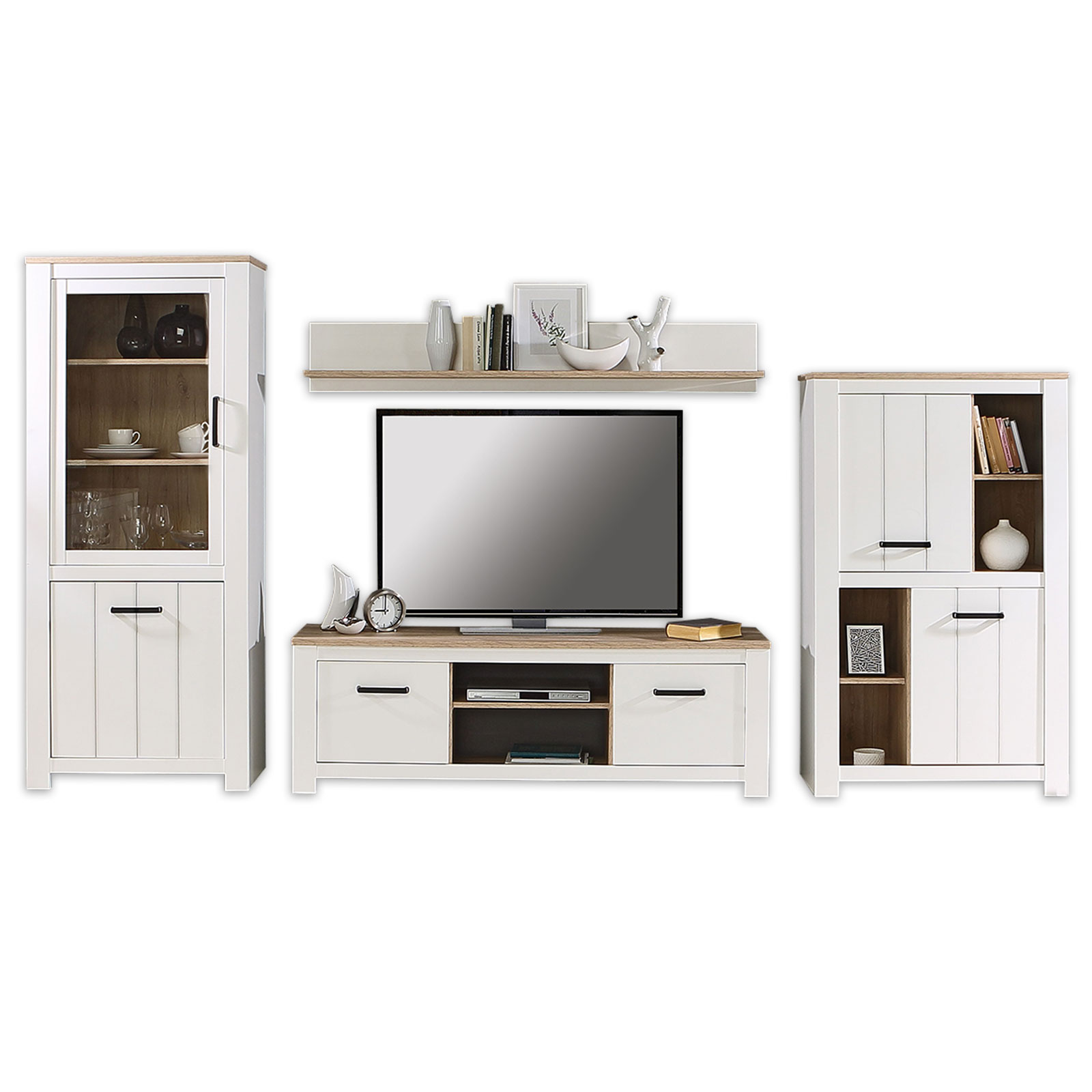 4-teiliges Wohnwand-Set - weiß - Bianco Eiche