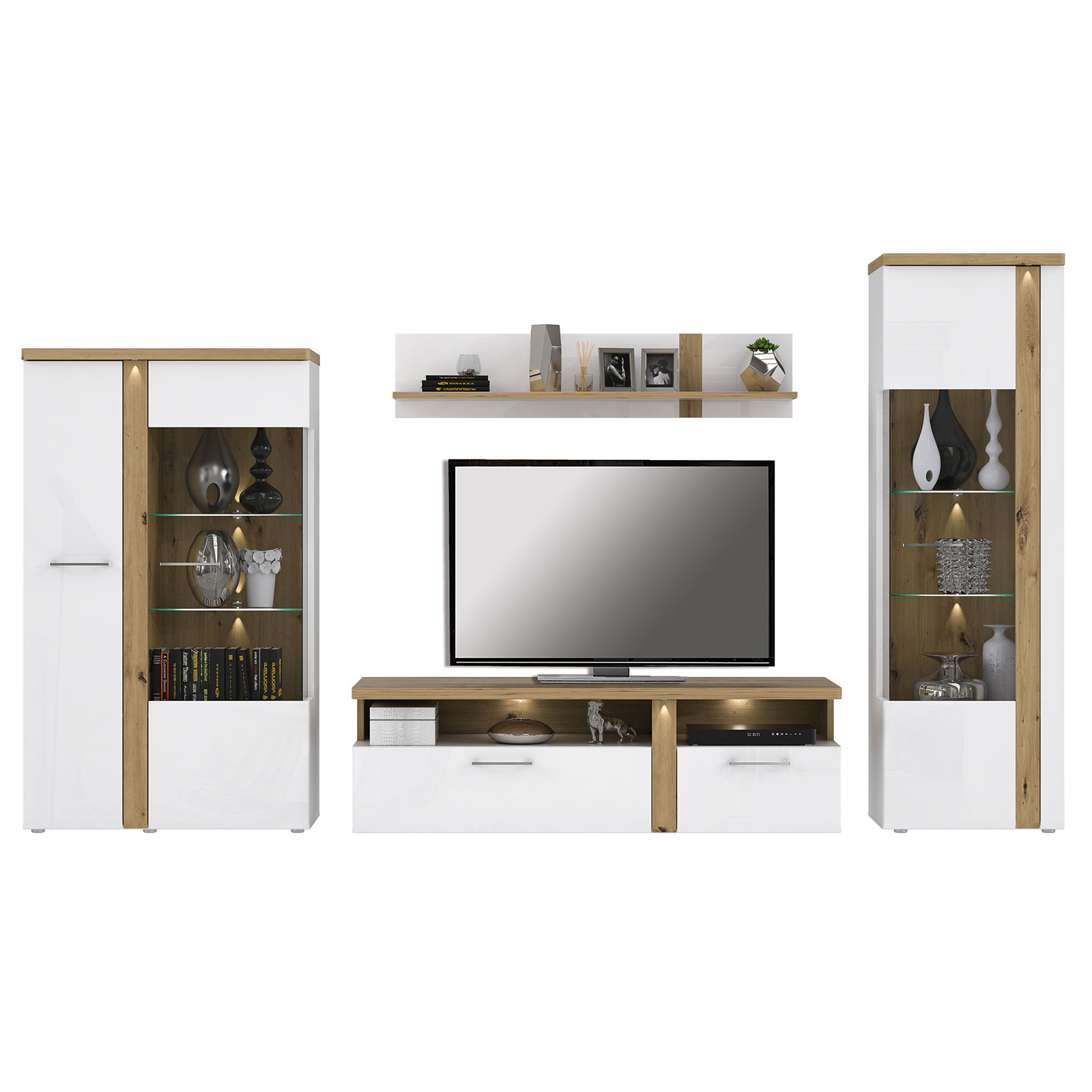 4-teiliges Wohnwand-Set - weiß Hochglanz - Artisan Eiche - mit Beleuchtung