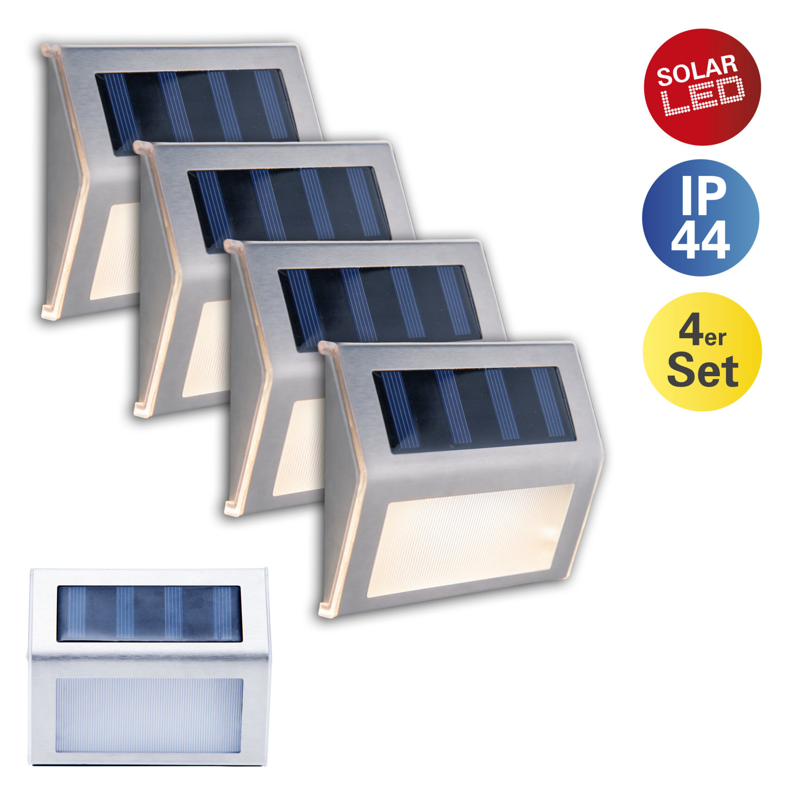 4er-Set LED-Solar-Außenleuchte - stahl-blank - Dämmerungssensor