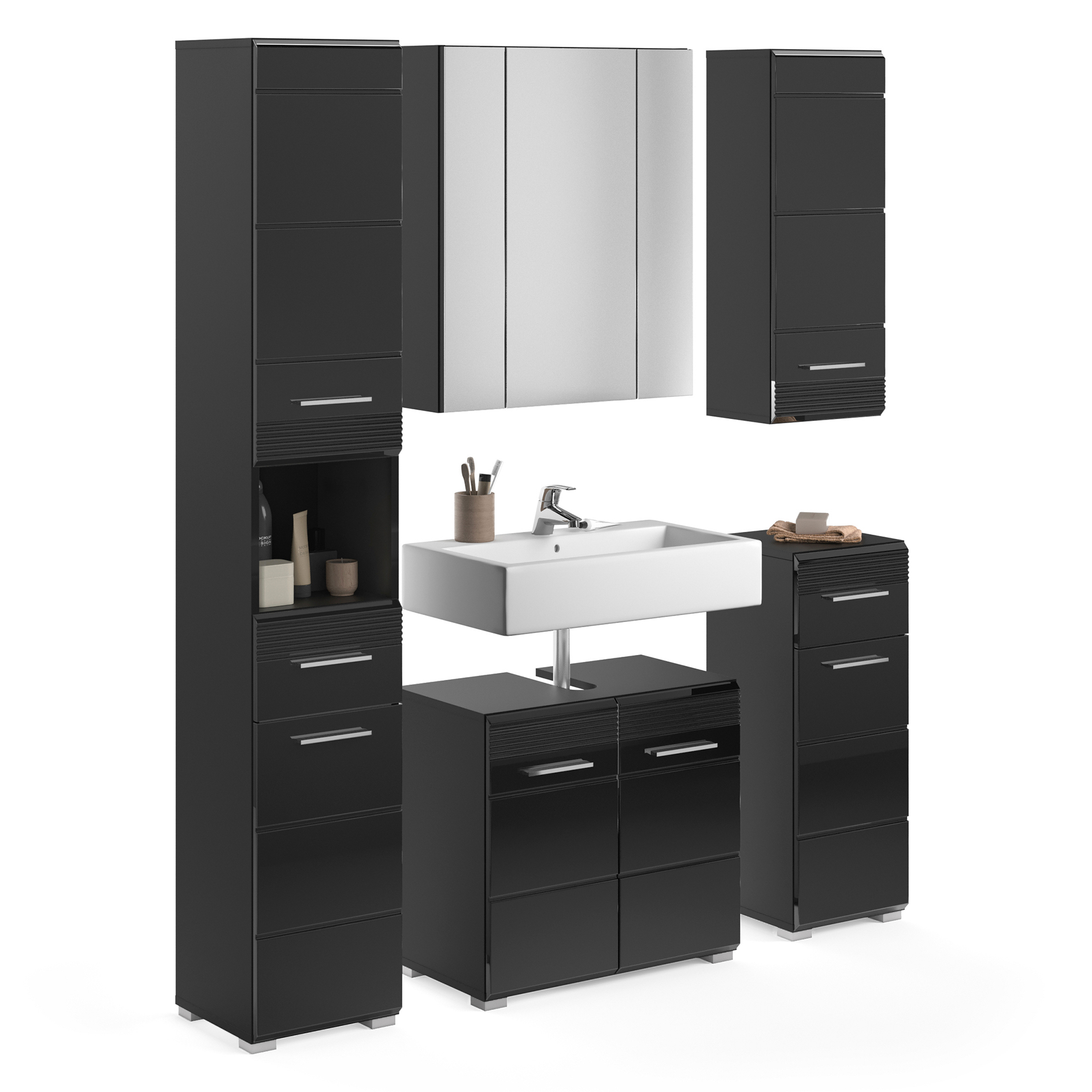 5-teilige Badkombination LINUS - schwarz Hochglanz - 151 cm