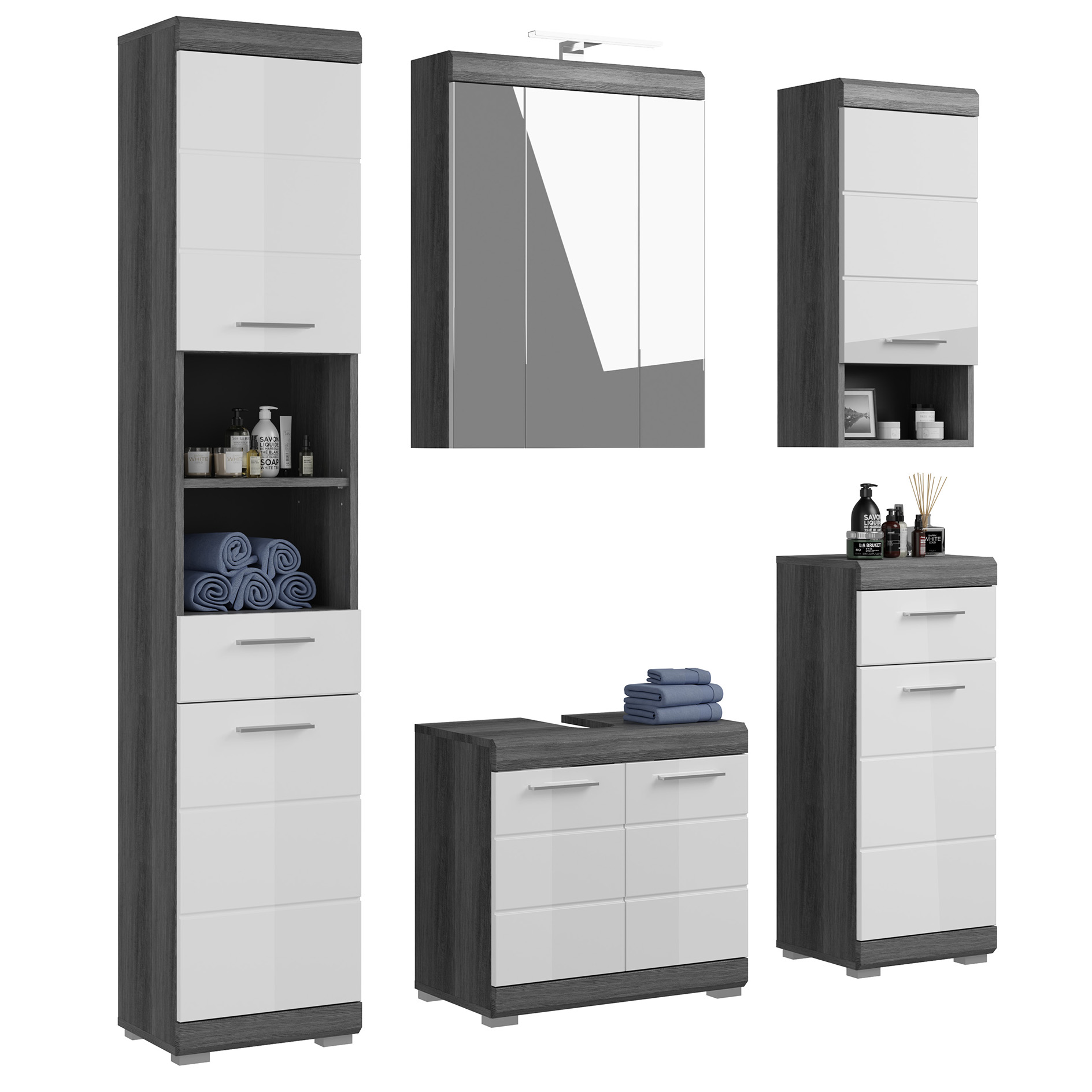 5-teilige Badkombination SCOUT - Rauchsilber - weiß Hochglanz - LED-Spiegelschrank - 164 cm