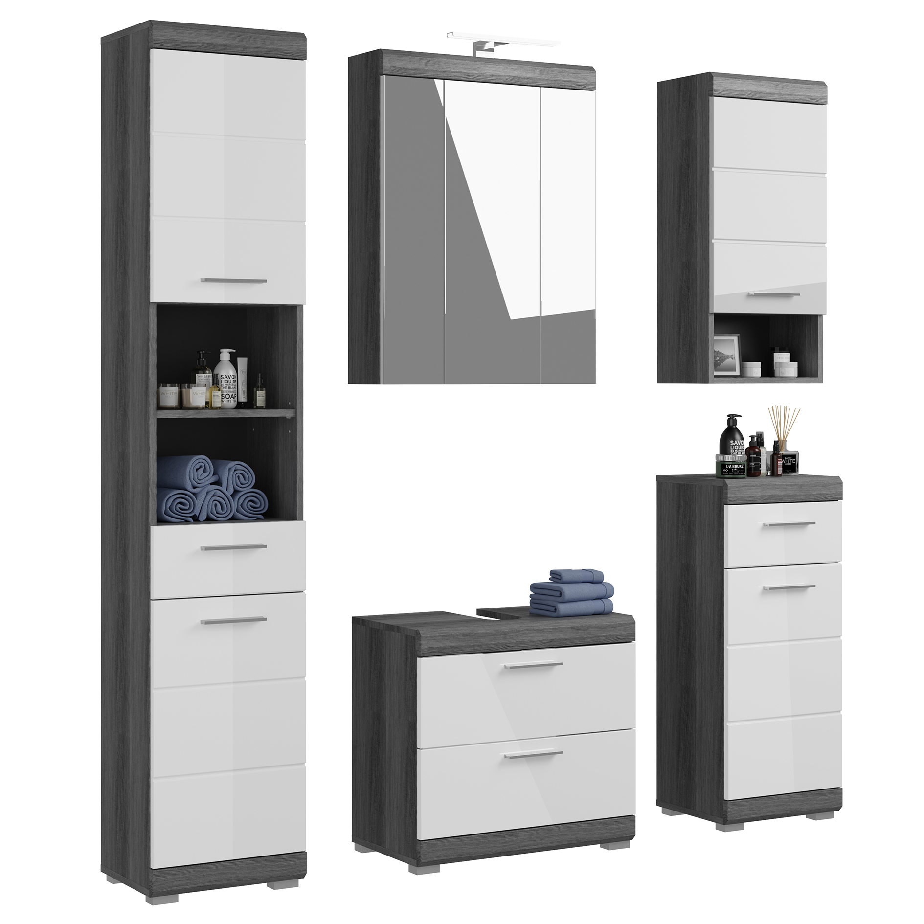 5-teilige Badkombination SCOUT - Rauchsilber - weiß Hochglanz - LED-Spiegelschrank - 164 cm