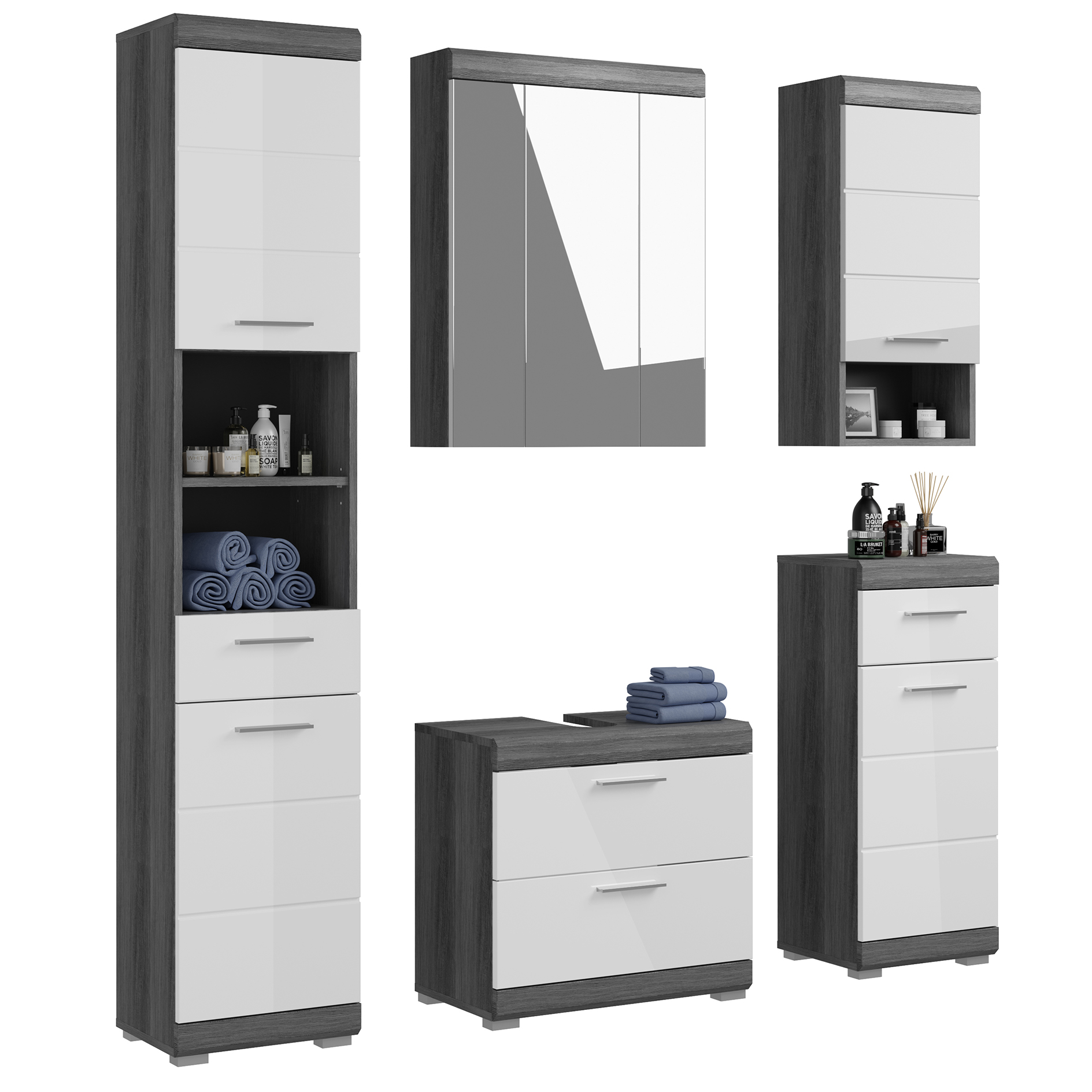 5-teilige Badkombination SCOUT - Rauchsilber - weiß Hochglanz - Spiegelschrank - 164 cm