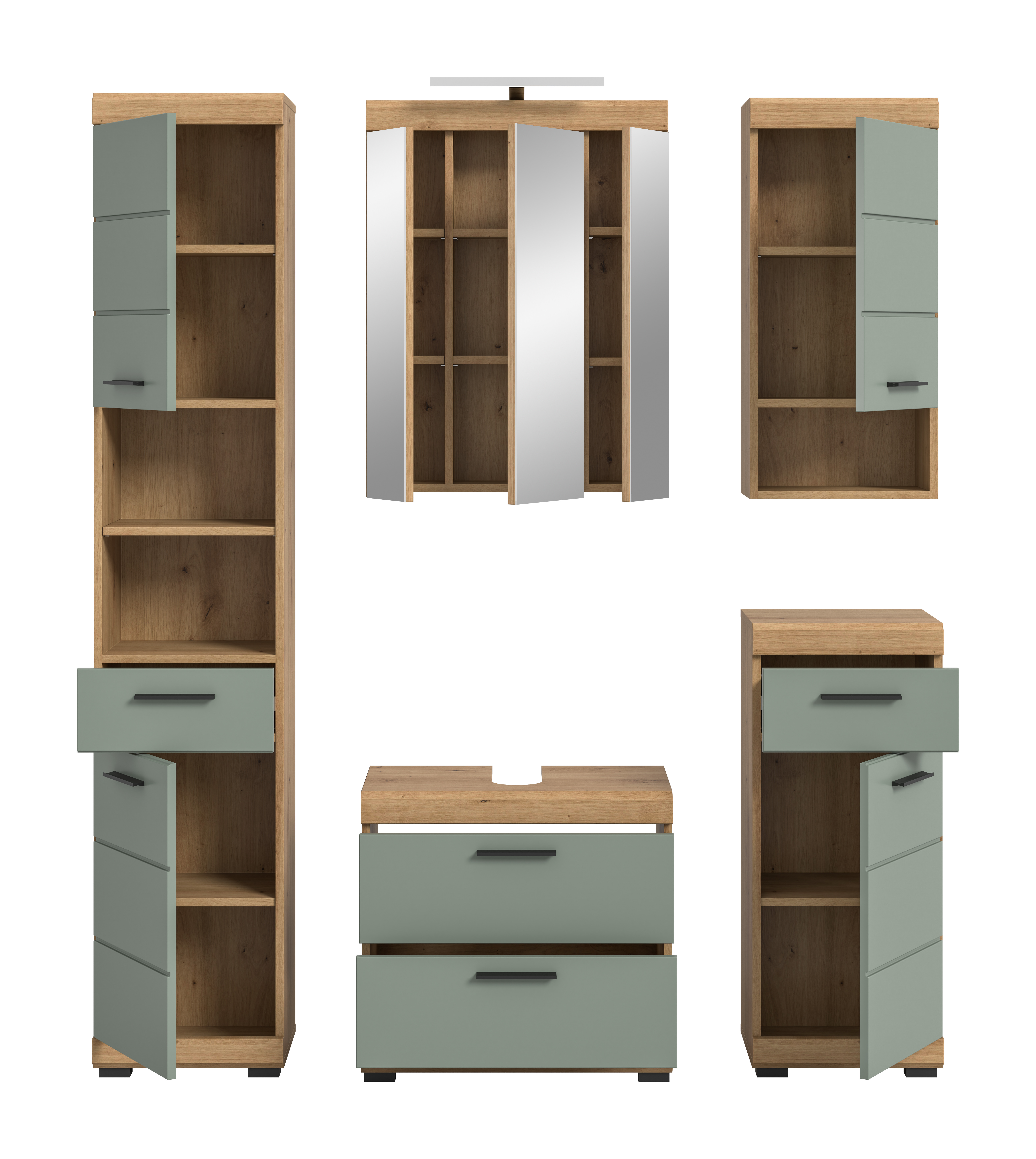5-teilige Badkombination SCOUT - Salbei - Artisan Eiche - LED-Spiegelschrank - 164 cm