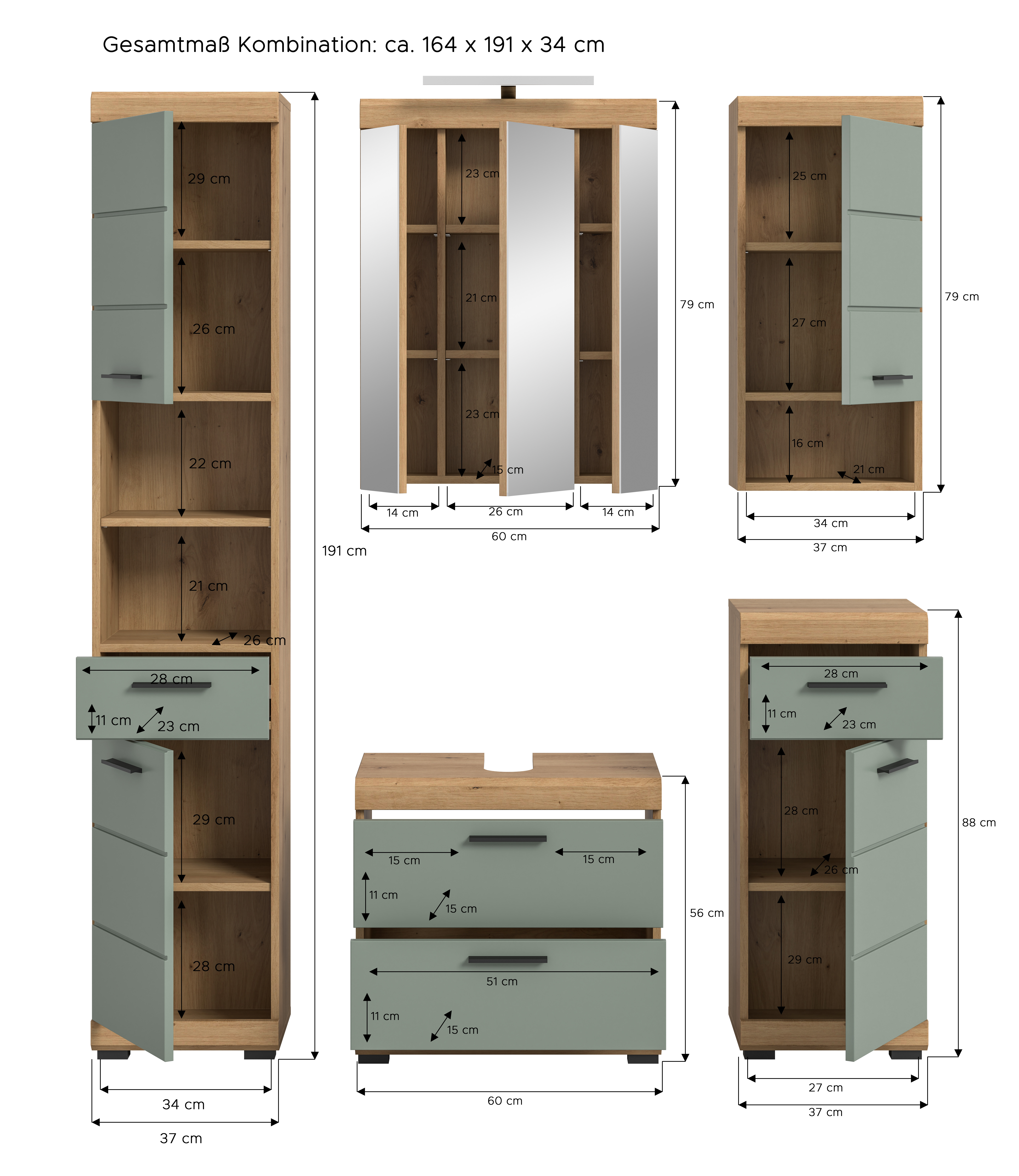 5-teilige Badkombination SCOUT - Salbei - Artisan Eiche - LED-Spiegelschrank - 164 cm