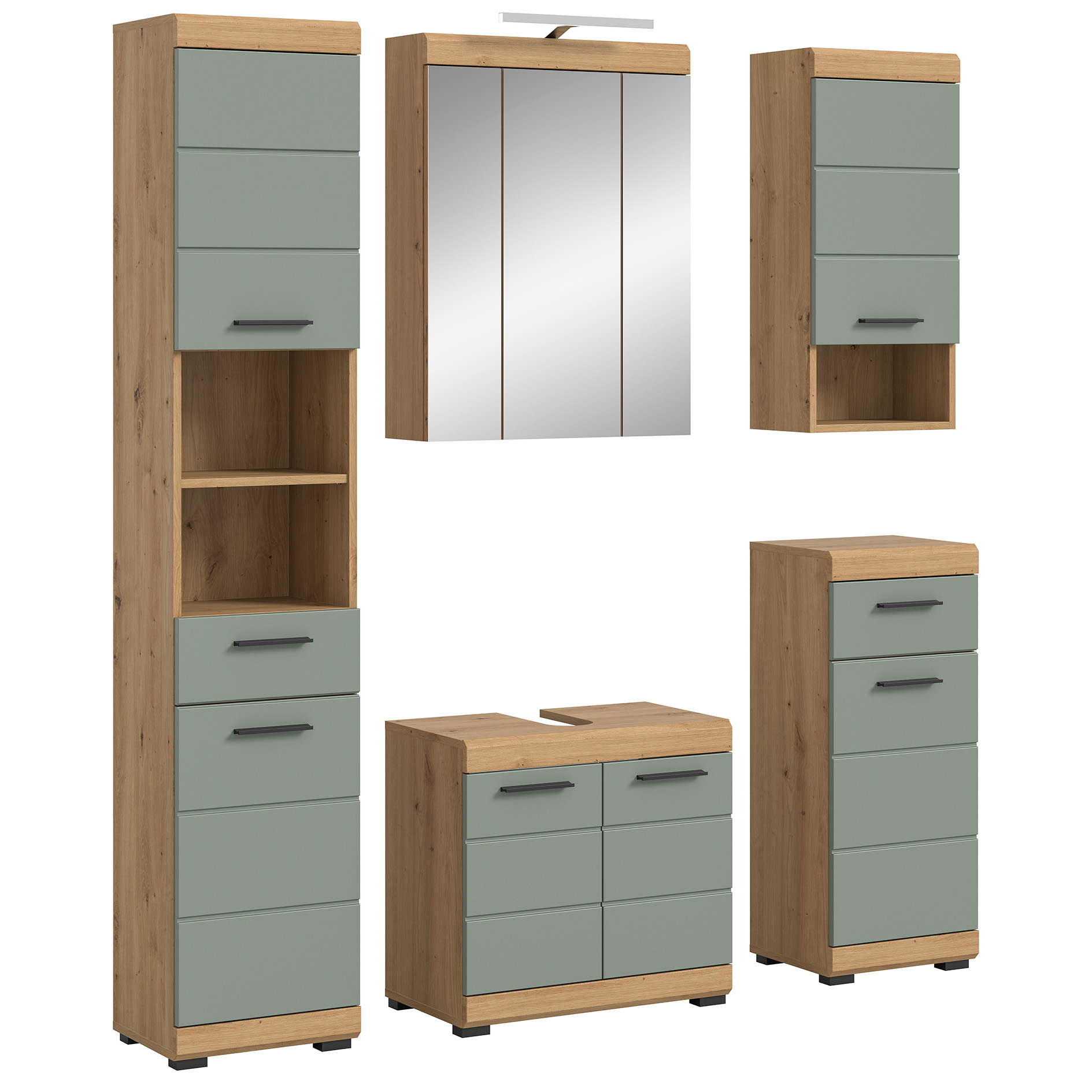 5-teilige Badkombination SCOUT - Salbei - Artisan Eiche - LED-Spiegelschrank - 164 cm