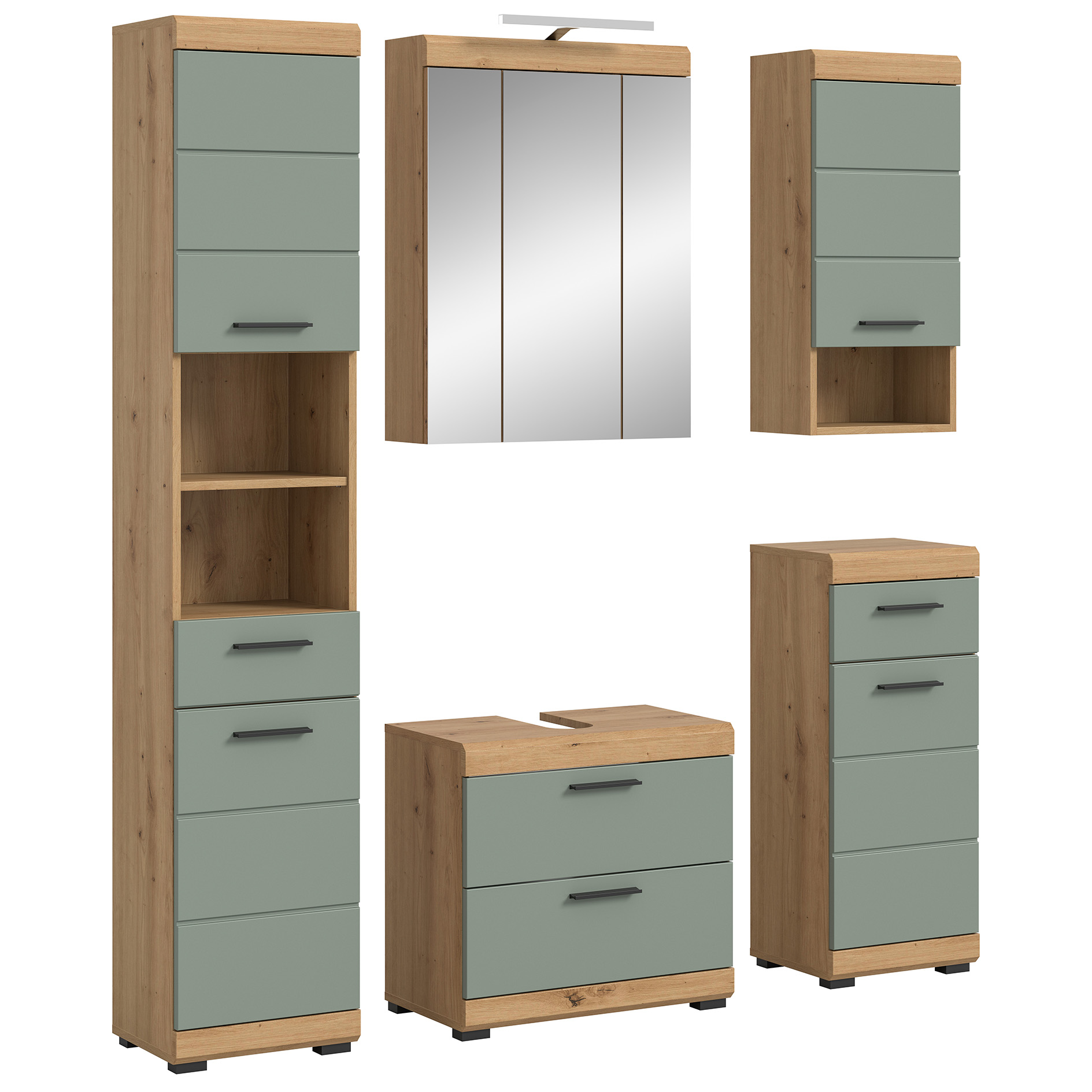 5-teilige Badkombination SCOUT - Salbei - Artisan Eiche - LED-Spiegelschrank - 164 cm