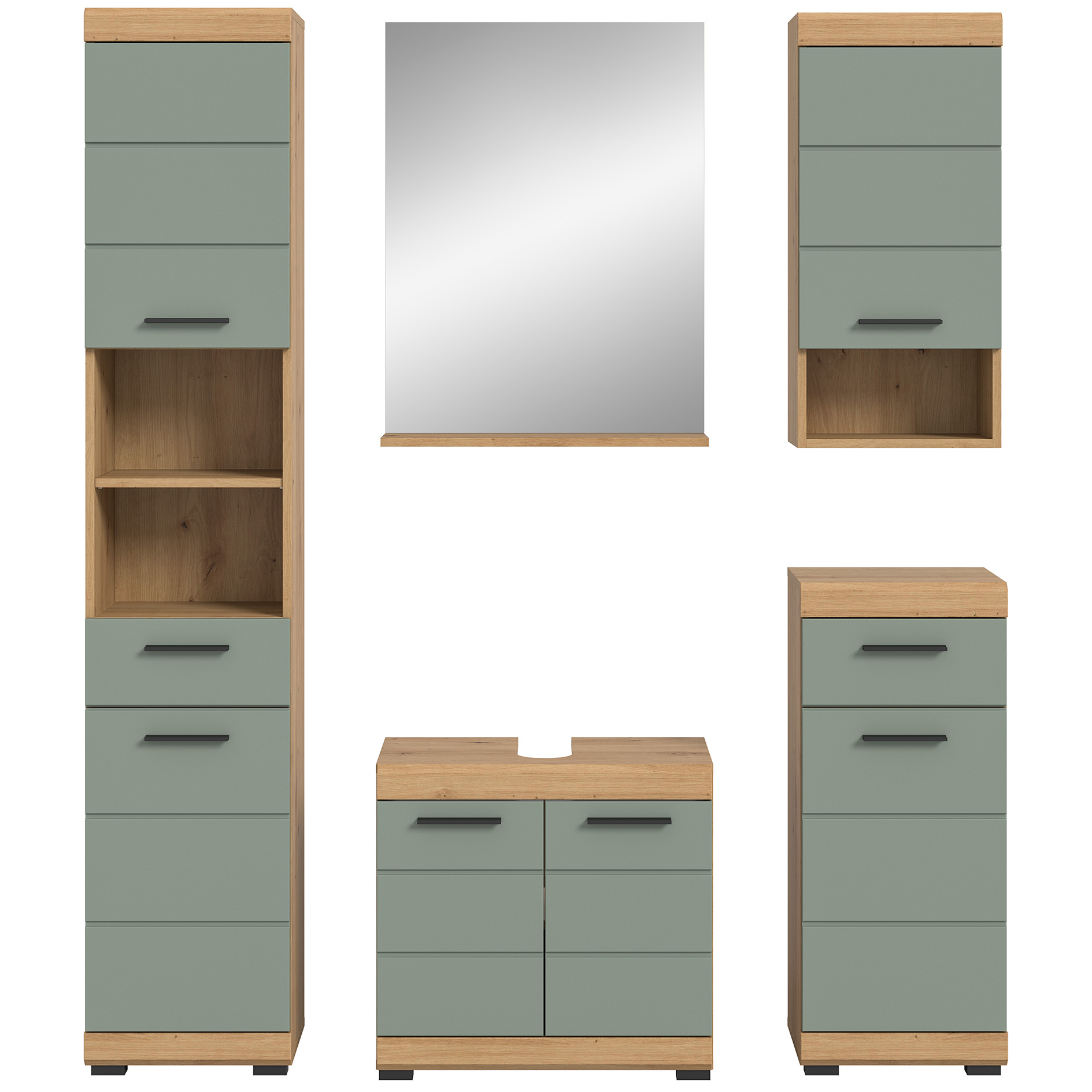 5-teilige Badkombination SCOUT - Salbei - Artisan Eiche - Spiegel - 164 cm