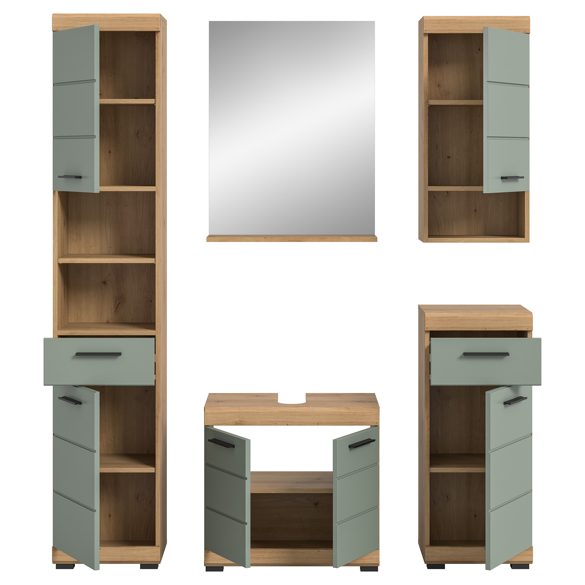 5-teilige Badkombination SCOUT - Salbei - Artisan Eiche - Spiegel - 164 cm