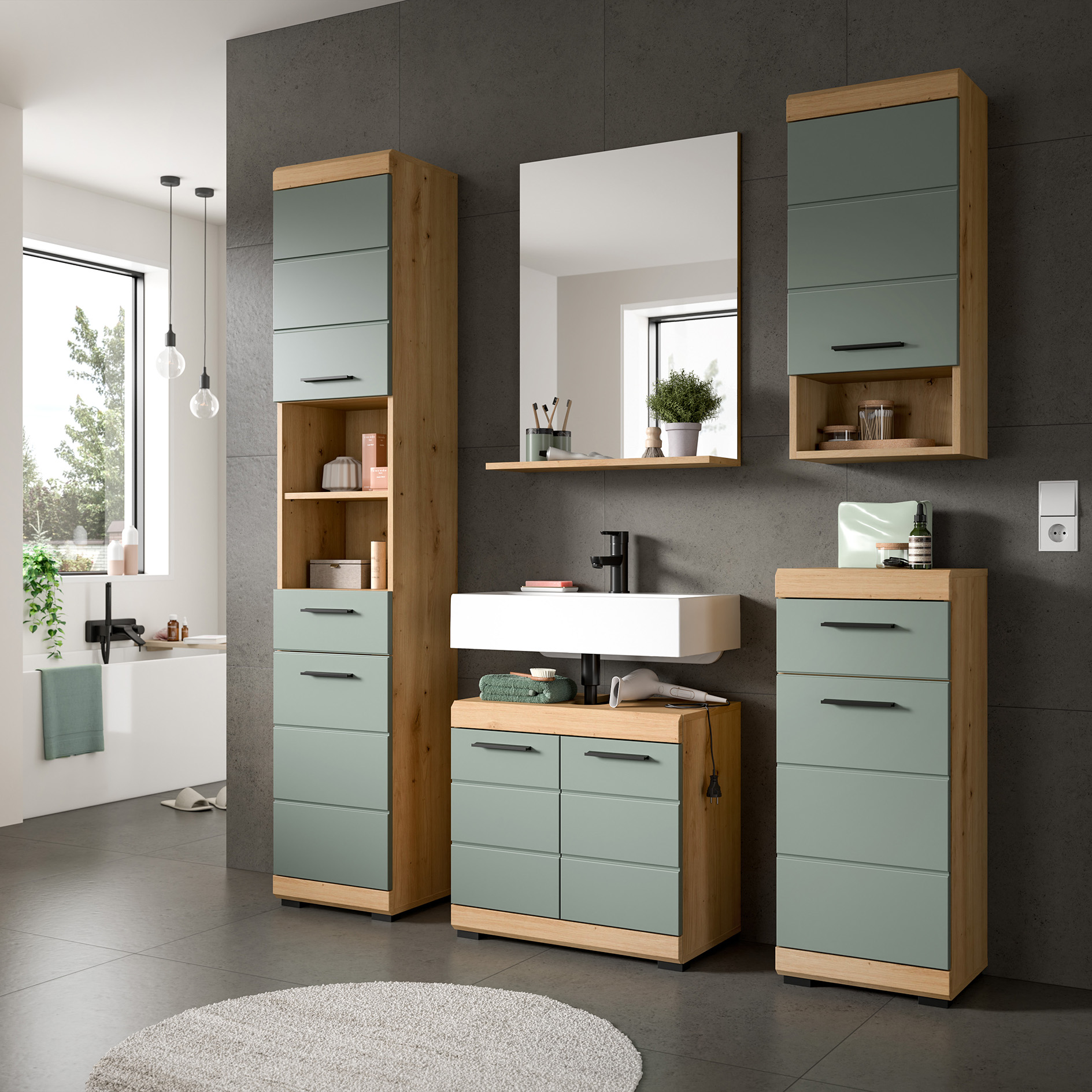 5-teilige Badkombination SCOUT - Salbei - Artisan Eiche - Spiegel - 164 cm
