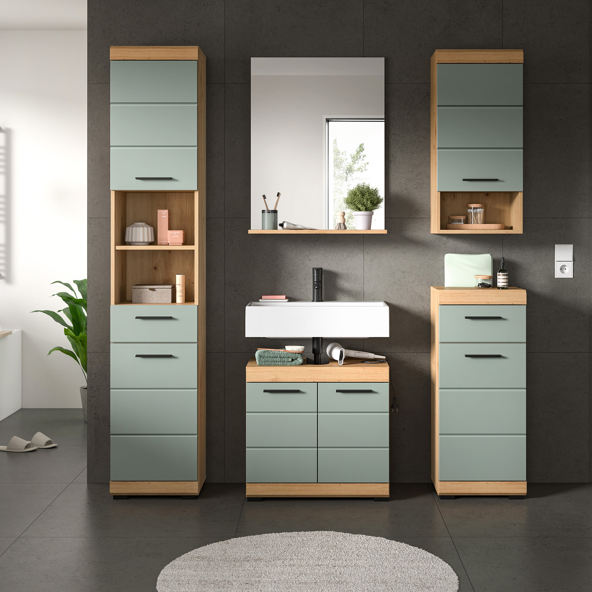 5-teilige Badkombination SCOUT - Salbei - Artisan Eiche - Spiegel - 164 cm