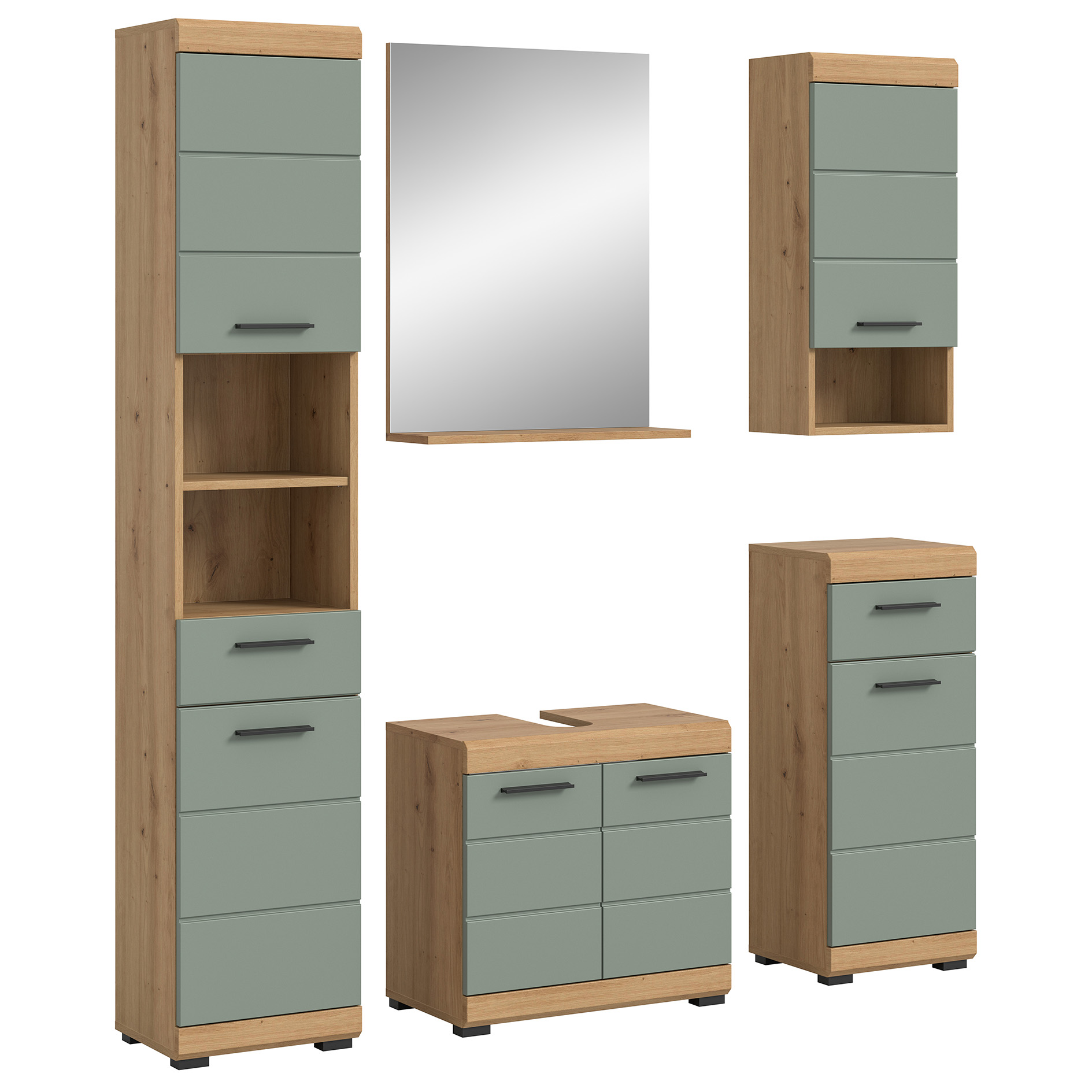 5-teilige Badkombination SCOUT - Salbei - Artisan Eiche - Spiegel - 164 cm