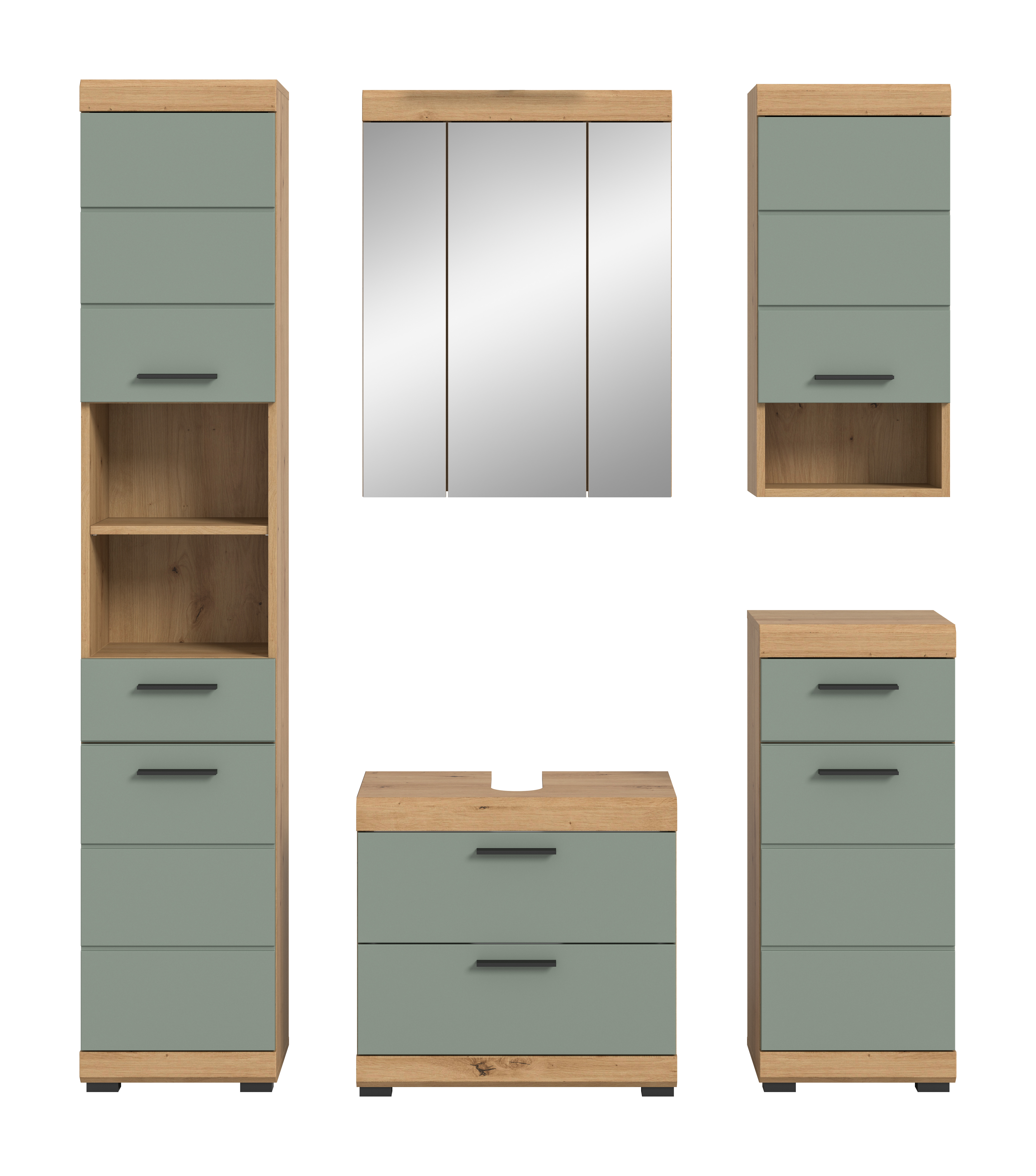 5-teilige Badkombination SCOUT - Salbei - Artisan Eiche - Spiegelschrank - 164 cm