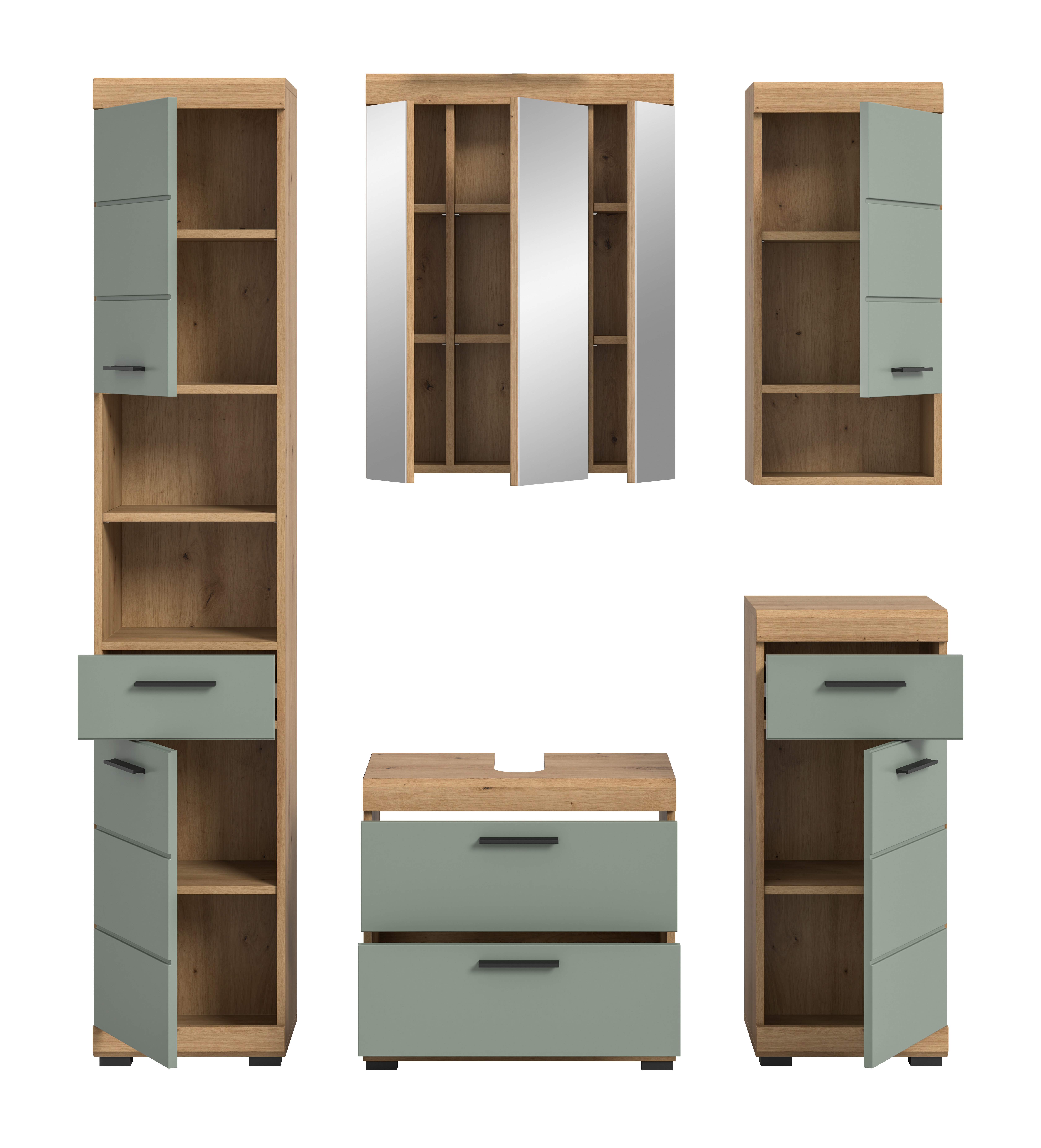 5-teilige Badkombination SCOUT - Salbei - Artisan Eiche - Spiegelschrank - 164 cm