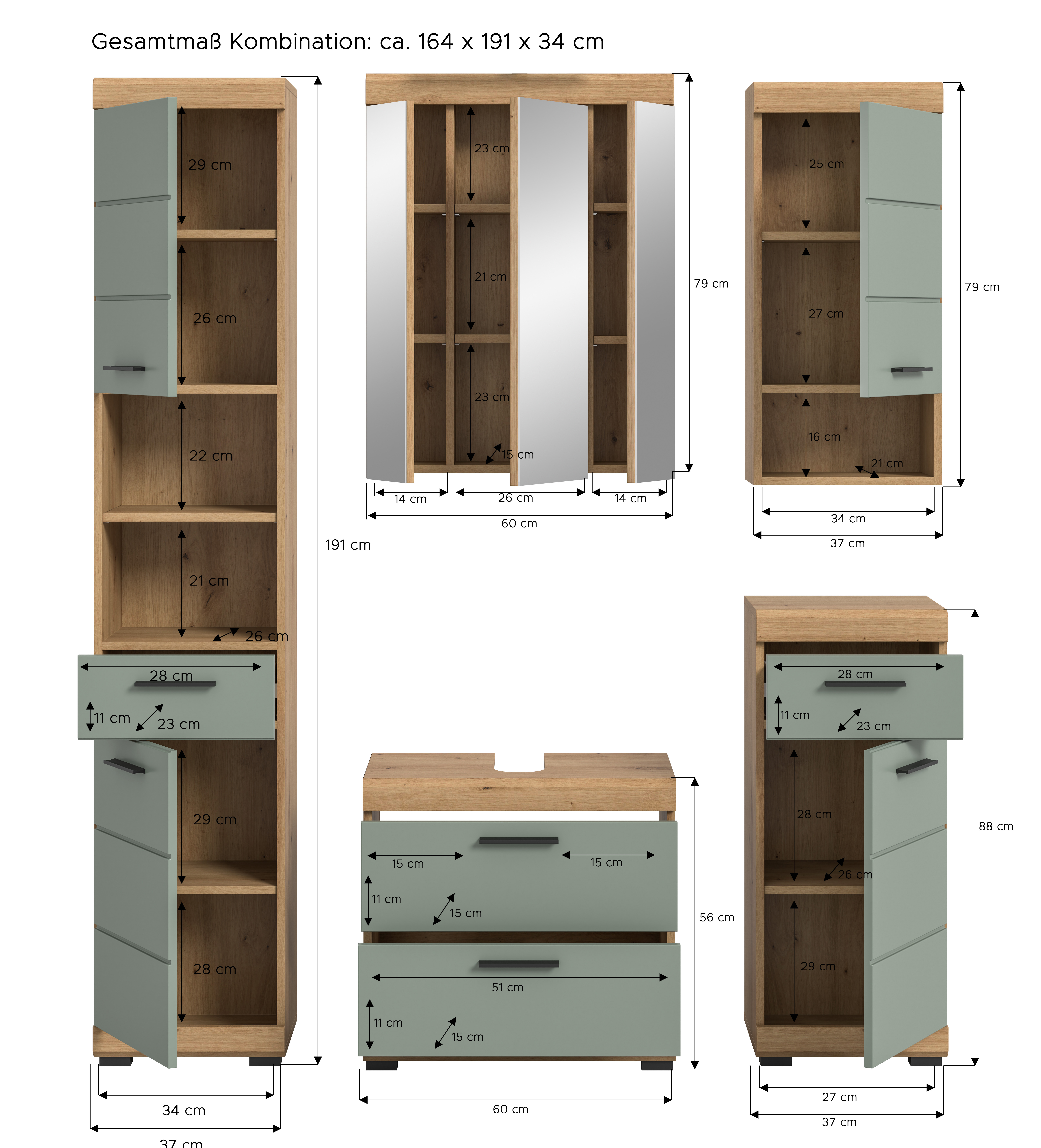 5-teilige Badkombination SCOUT - Salbei - Artisan Eiche - Spiegelschrank - 164 cm