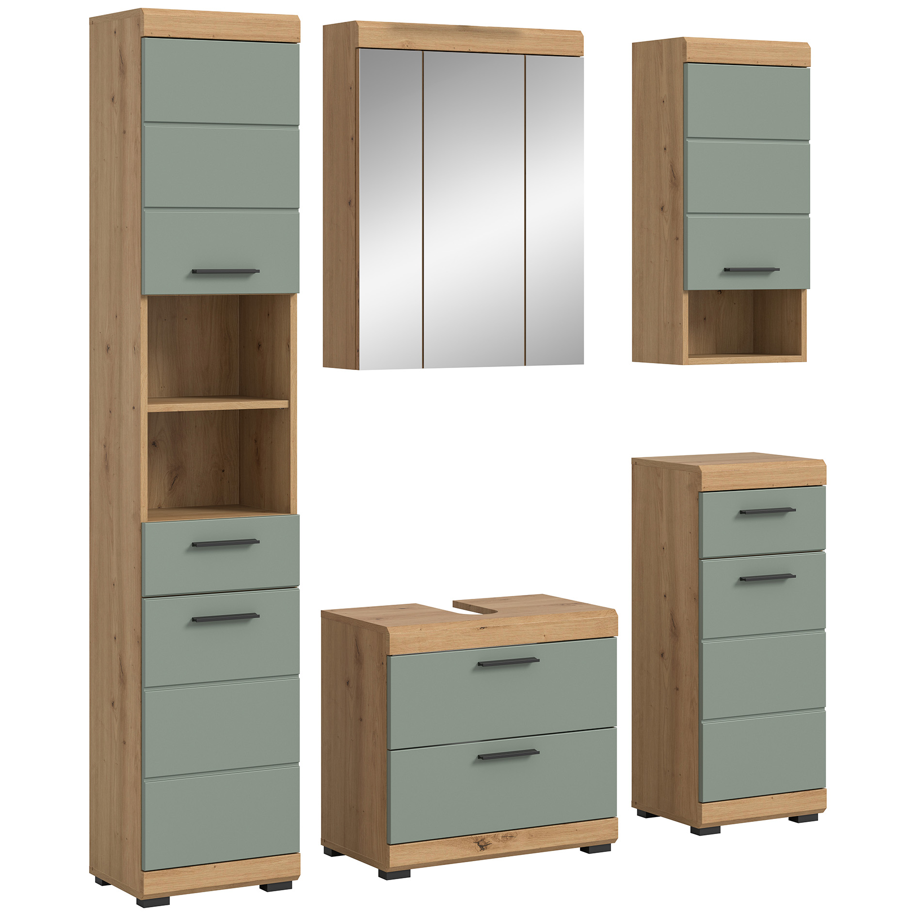 5-teilige Badkombination SCOUT - Salbei - Artisan Eiche - Spiegelschrank - 164 cm