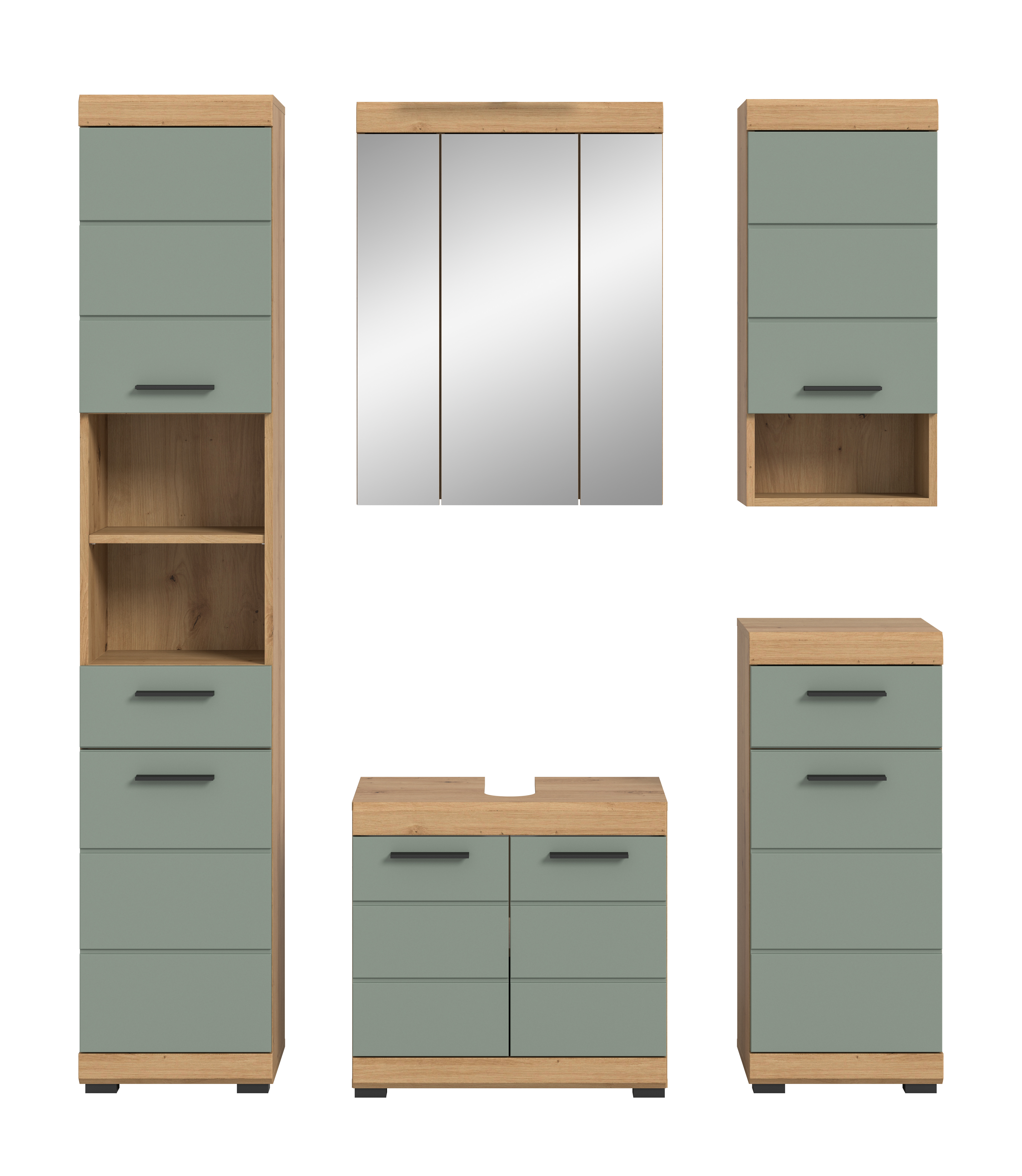 5-teilige Badkombination SCOUT - Salbei - Artisan Eiche - Spiegelschrank - 164 cm