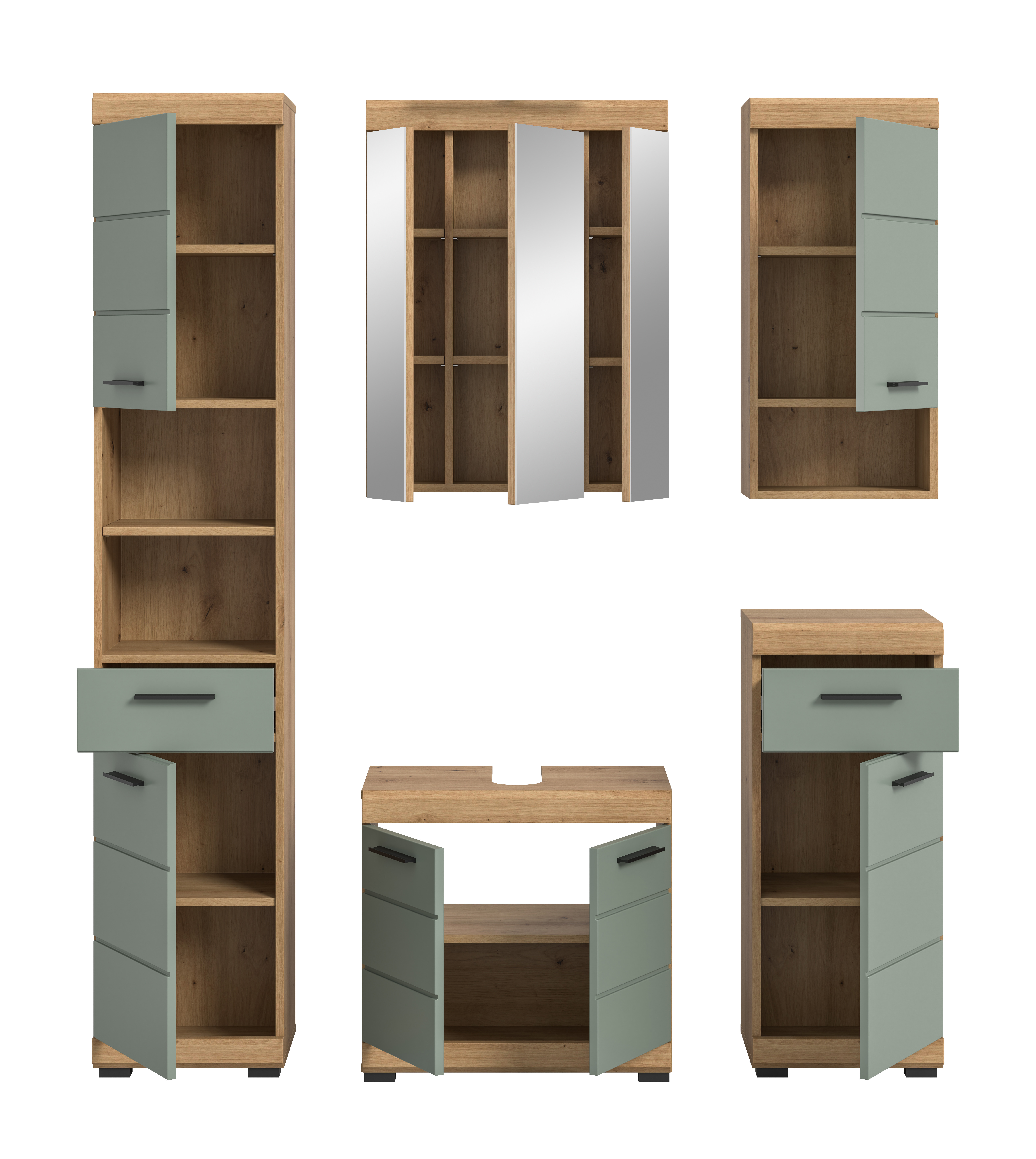 5-teilige Badkombination SCOUT - Salbei - Artisan Eiche - Spiegelschrank - 164 cm