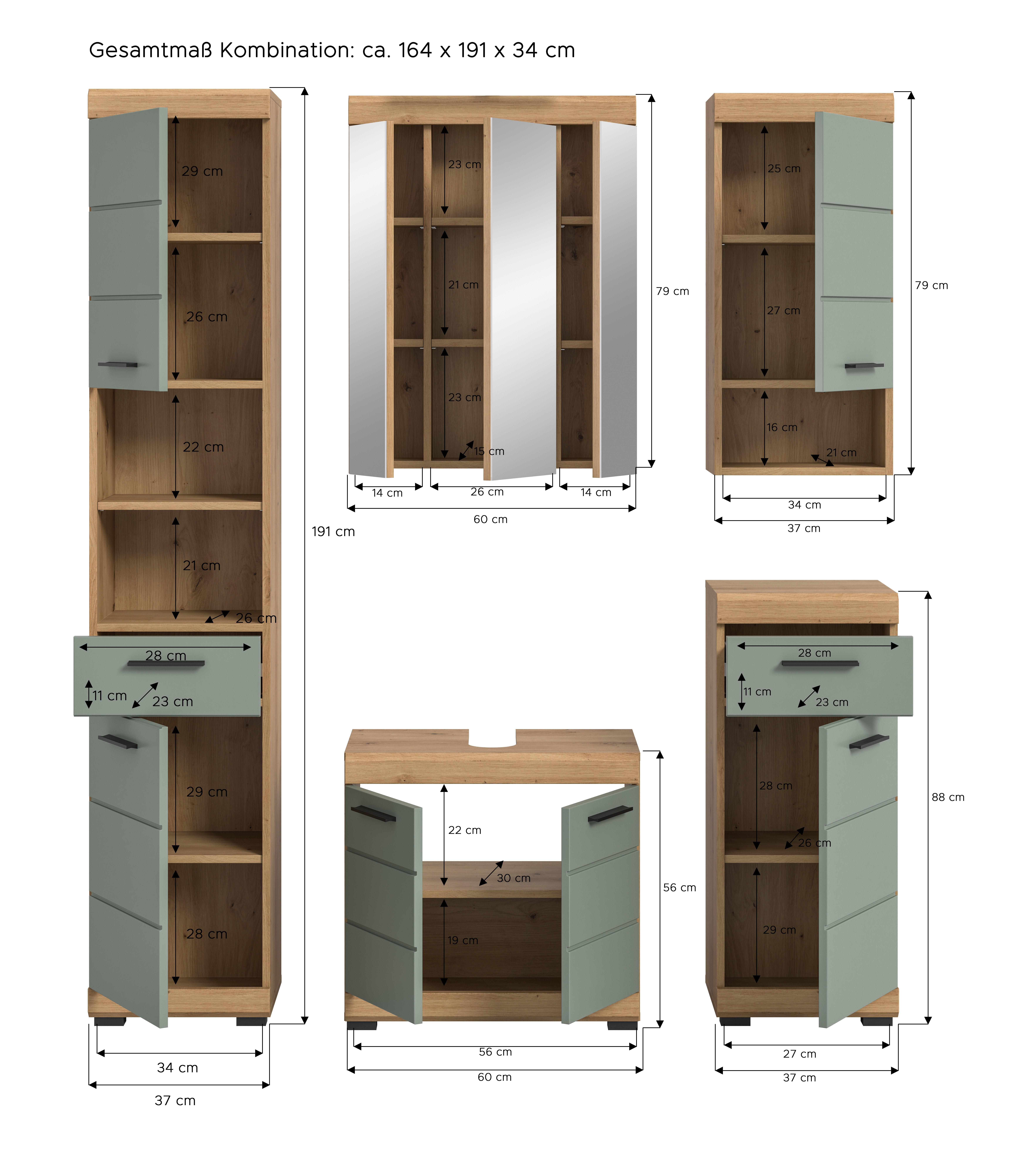 5-teilige Badkombination SCOUT - Salbei - Artisan Eiche - Spiegelschrank - 164 cm