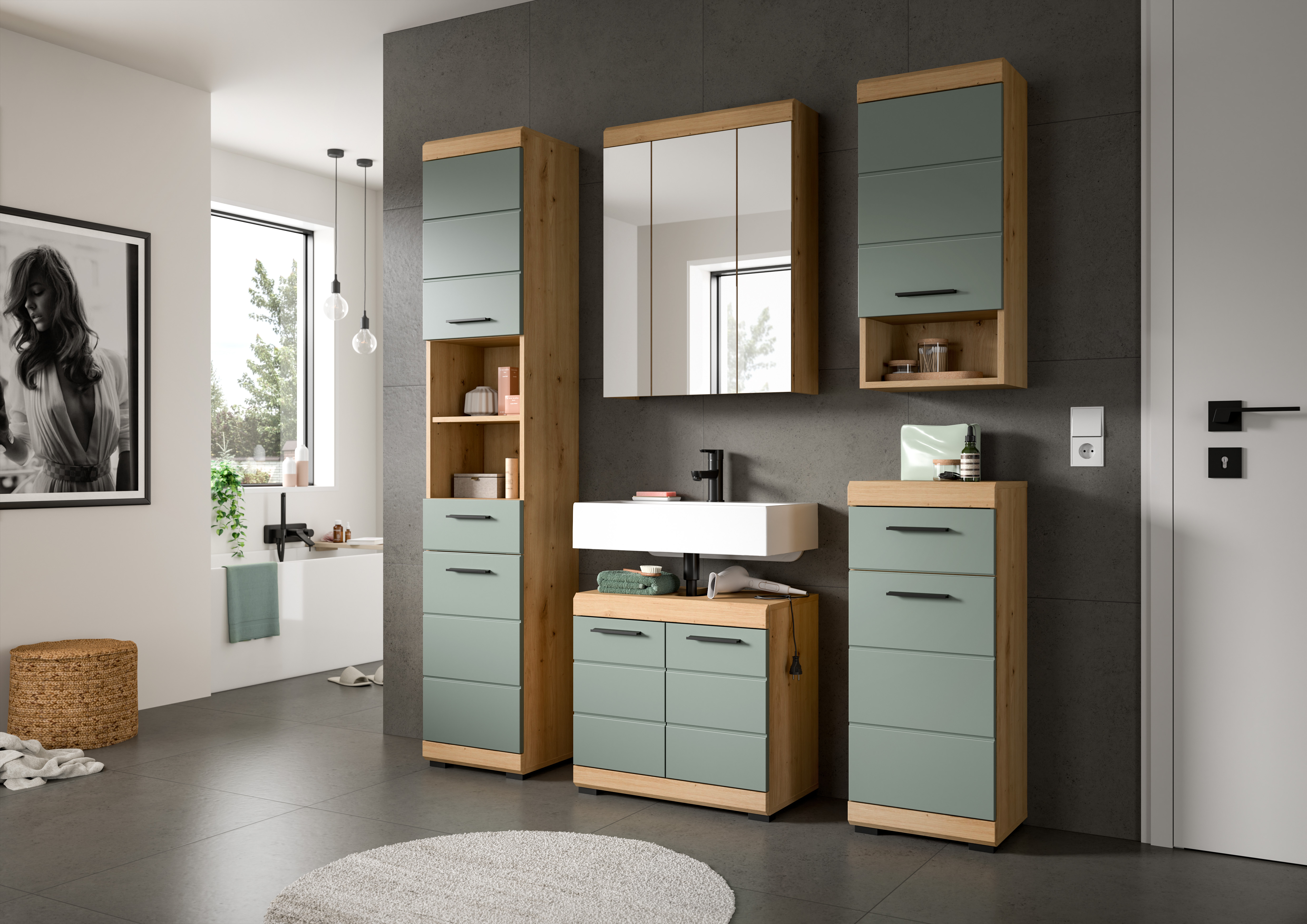 5-teilige Badkombination SCOUT - Salbei - Artisan Eiche - Spiegelschrank - 164 cm