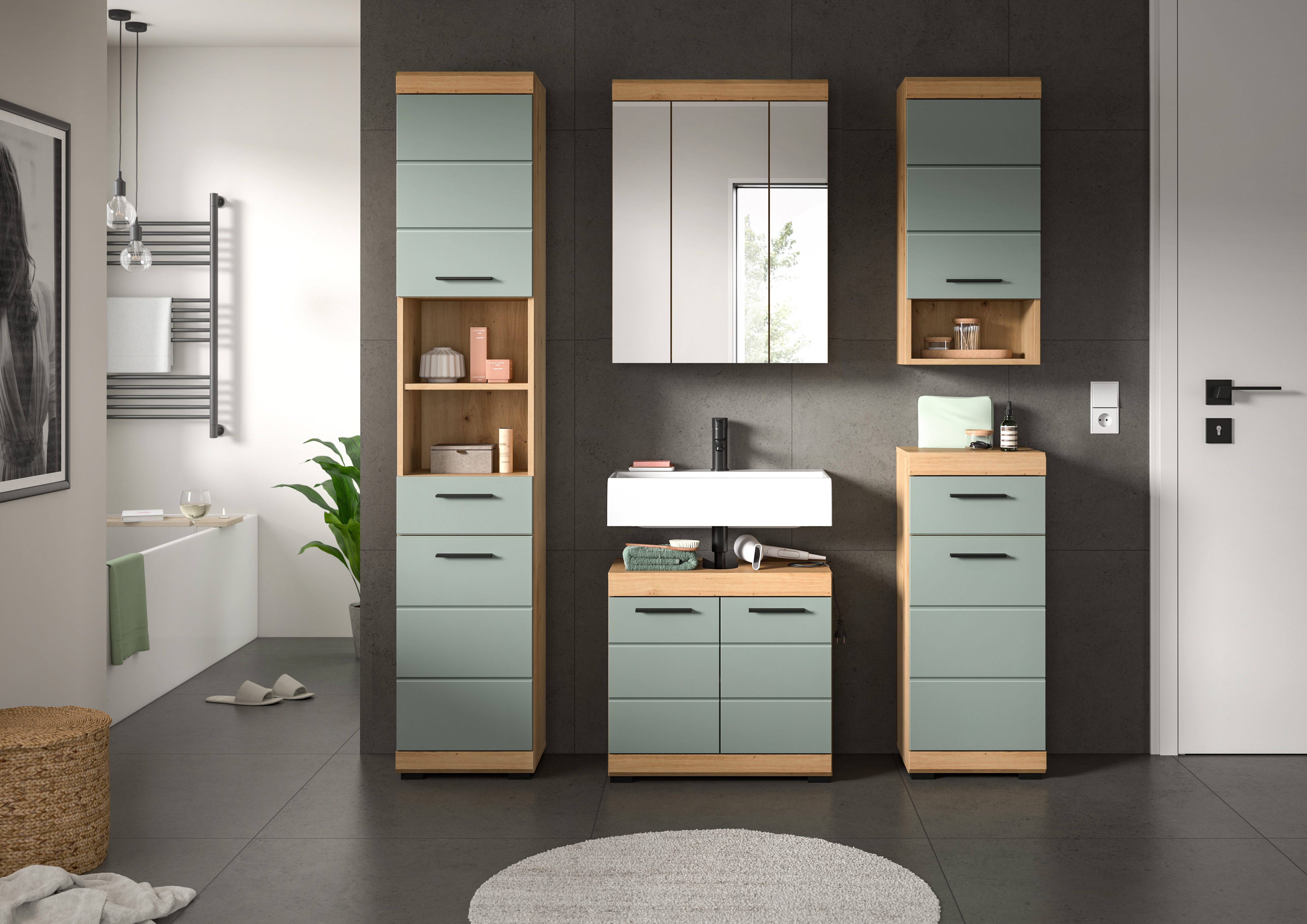 5-teilige Badkombination SCOUT - Salbei - Artisan Eiche - Spiegelschrank - 164 cm