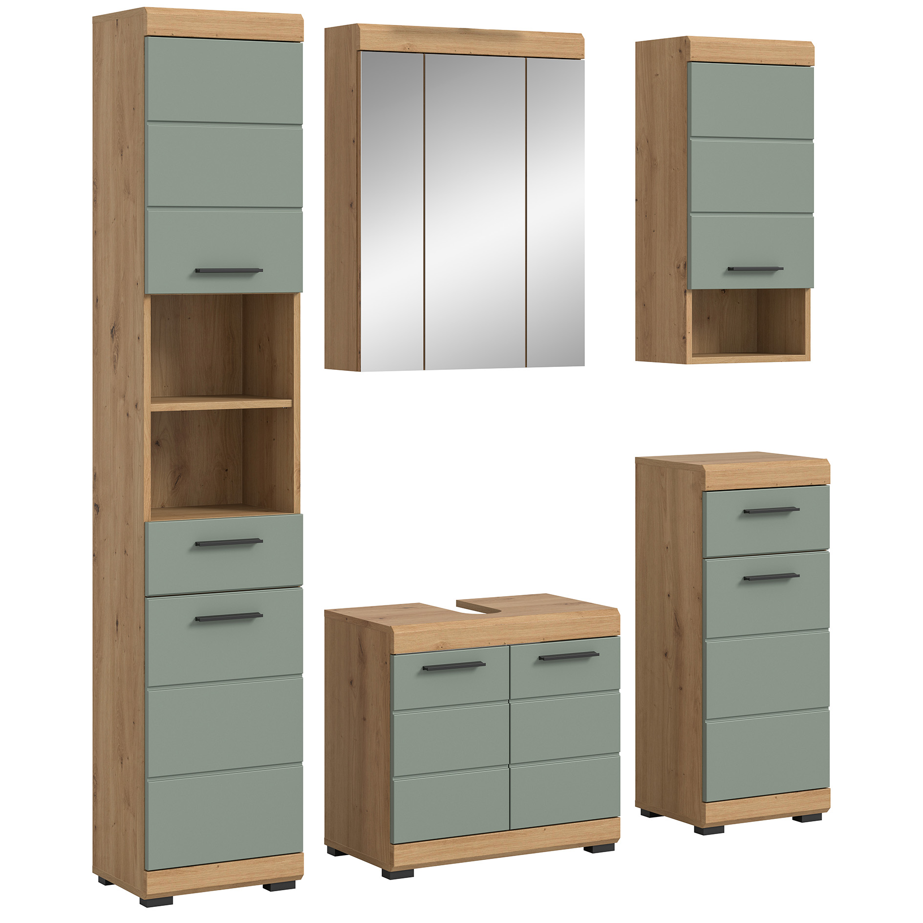 5-teilige Badkombination SCOUT - Salbei - Artisan Eiche - Spiegelschrank - 164 cm
