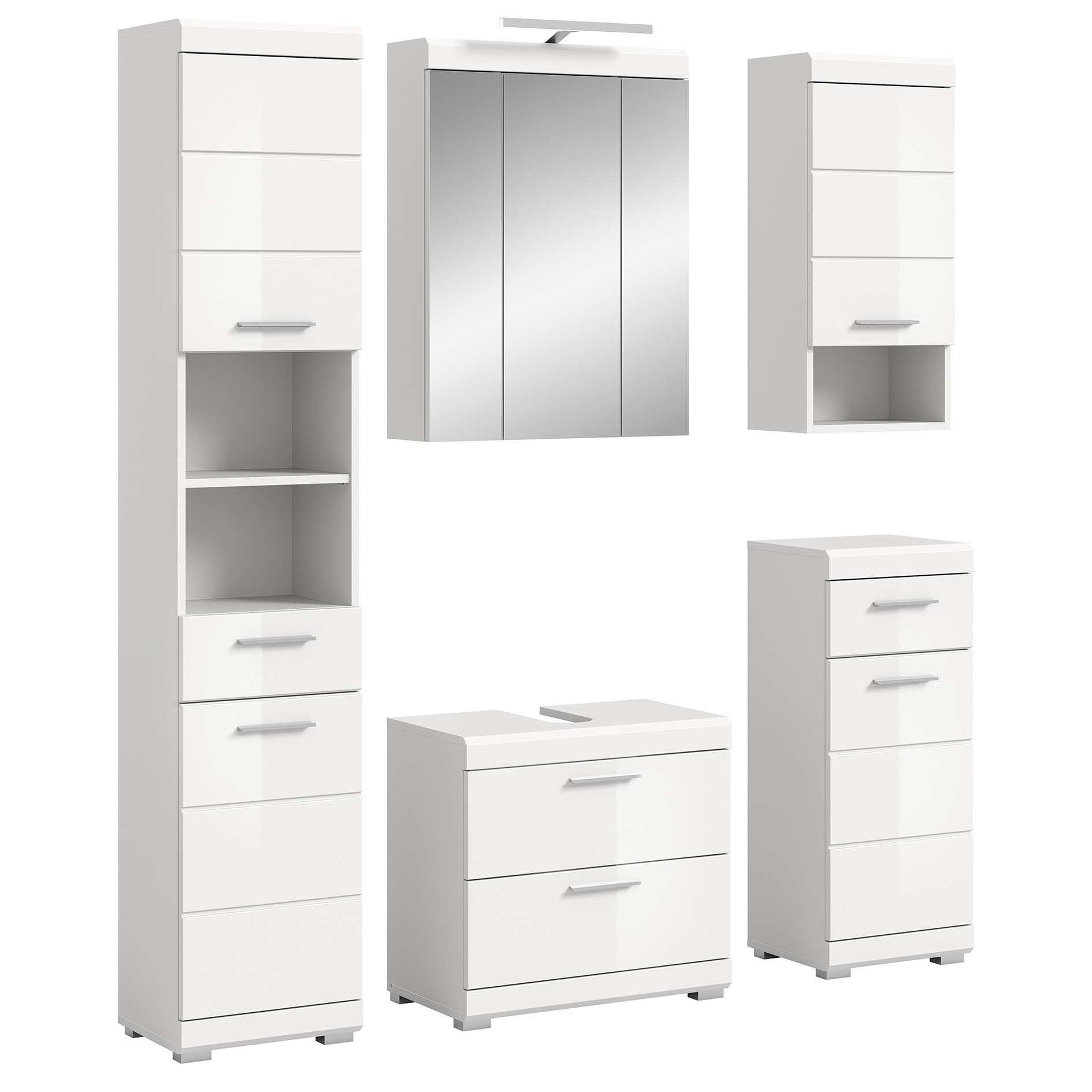 5-teilige Badkombination SCOUT - weiß Hochglanz - weiß - LED-Spiegelschrank - 164 cm
