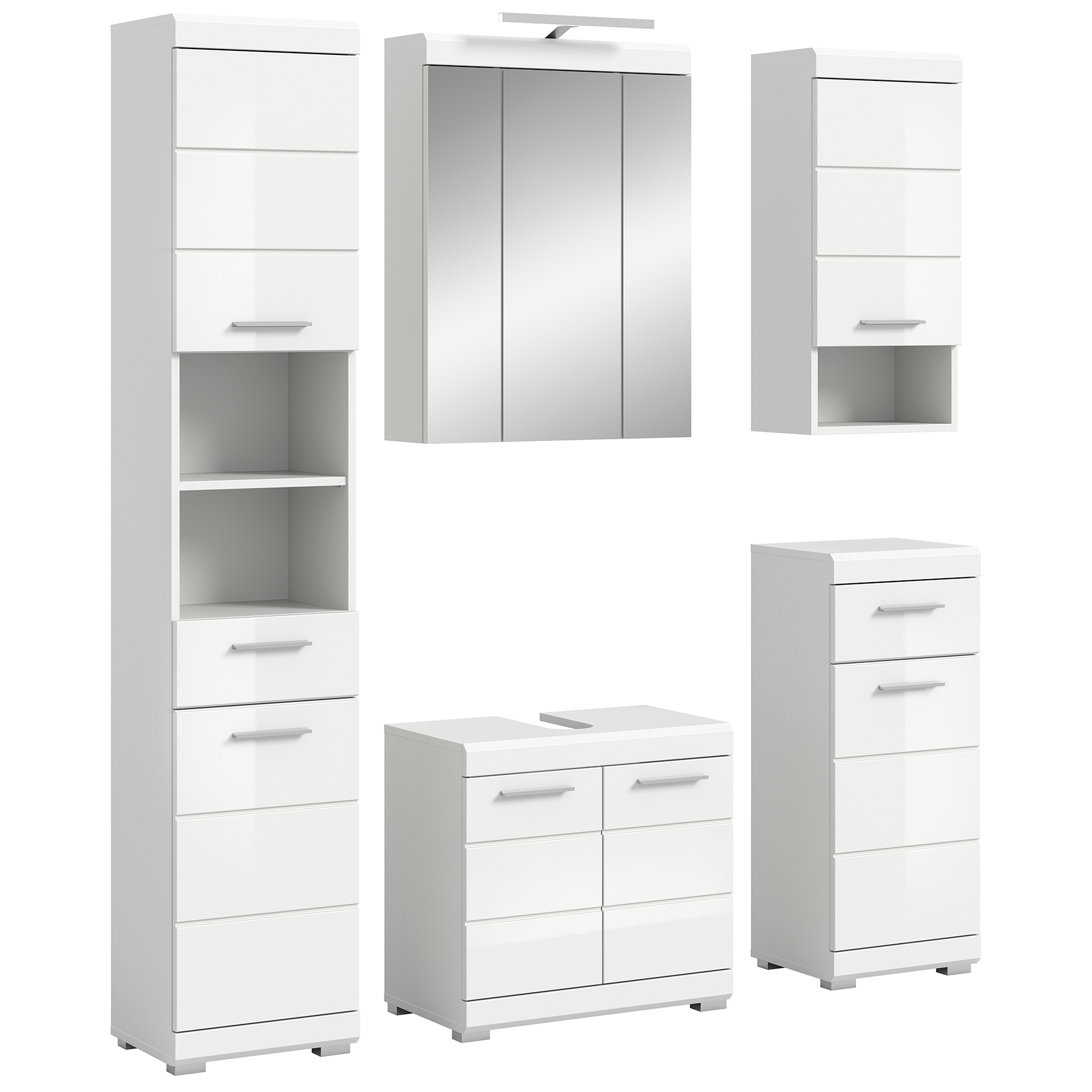 5-teilige Badkombination SCOUT - weiß Hochglanz - weiß - LED-Spiegelschrank - 164 cm