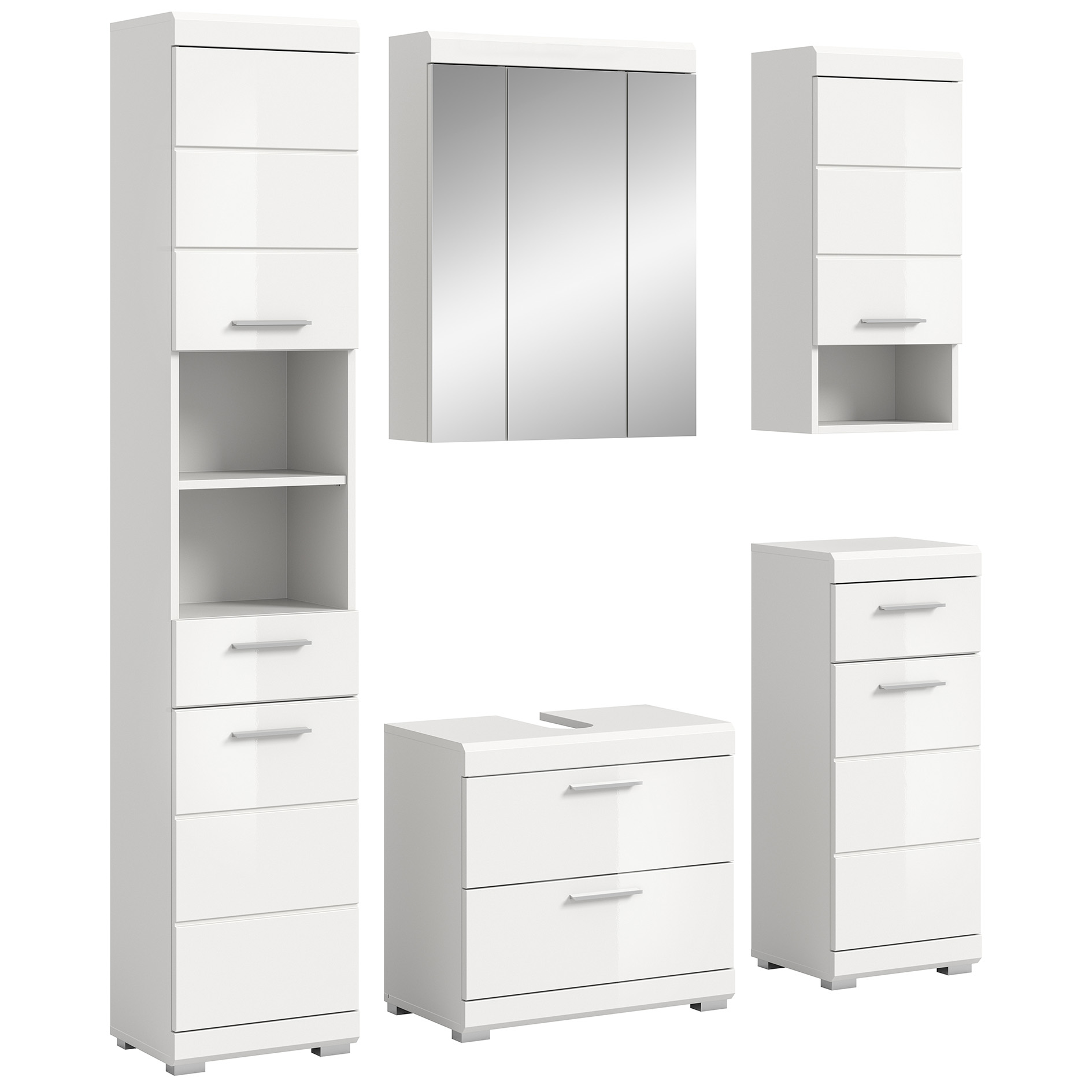 5-teilige Badkombination SCOUT - weiß Hochglanz - weiß - Spiegelschrank - 164 cm