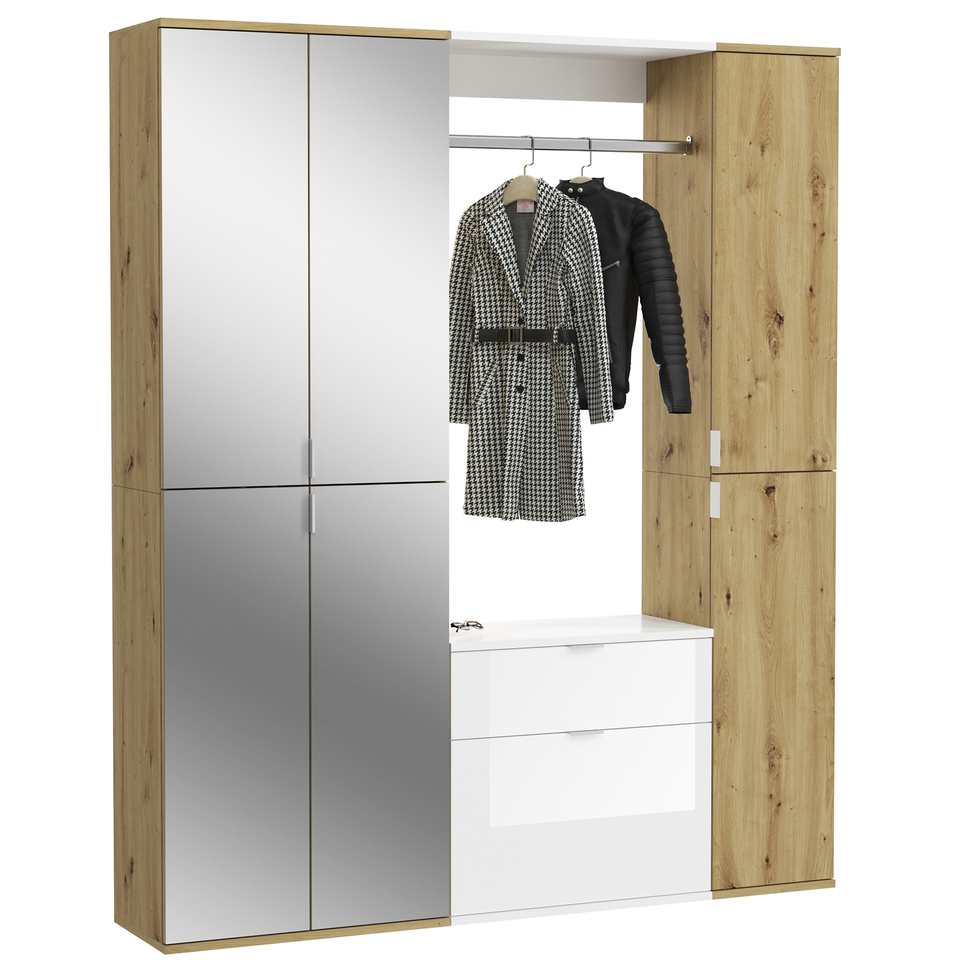 5-teilige Garderobenkombination PROJEKT X - Artisan Eiche - weiß Hochglanz - mit Spiegel - 152 cm