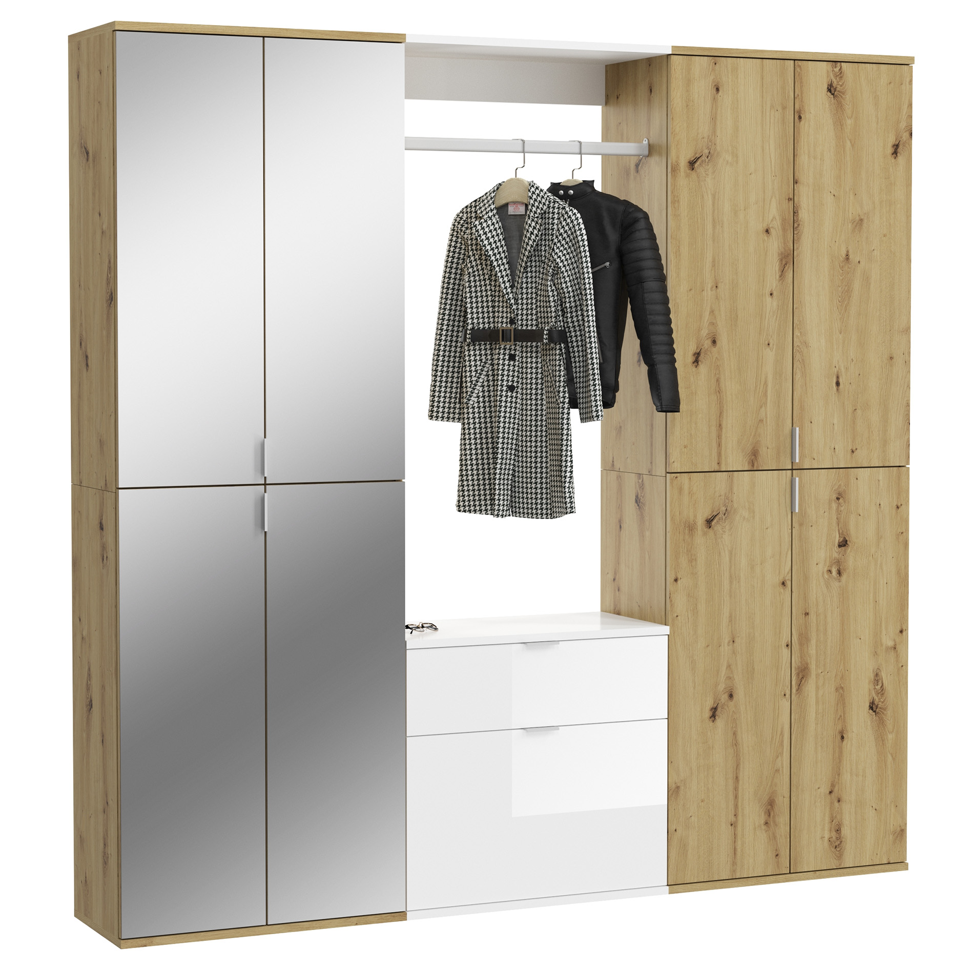 5-teilige Garderobenkombination PROJEKT X - Artisan Eiche - weiß Hochglanz - mit Spiegel - 183 cm