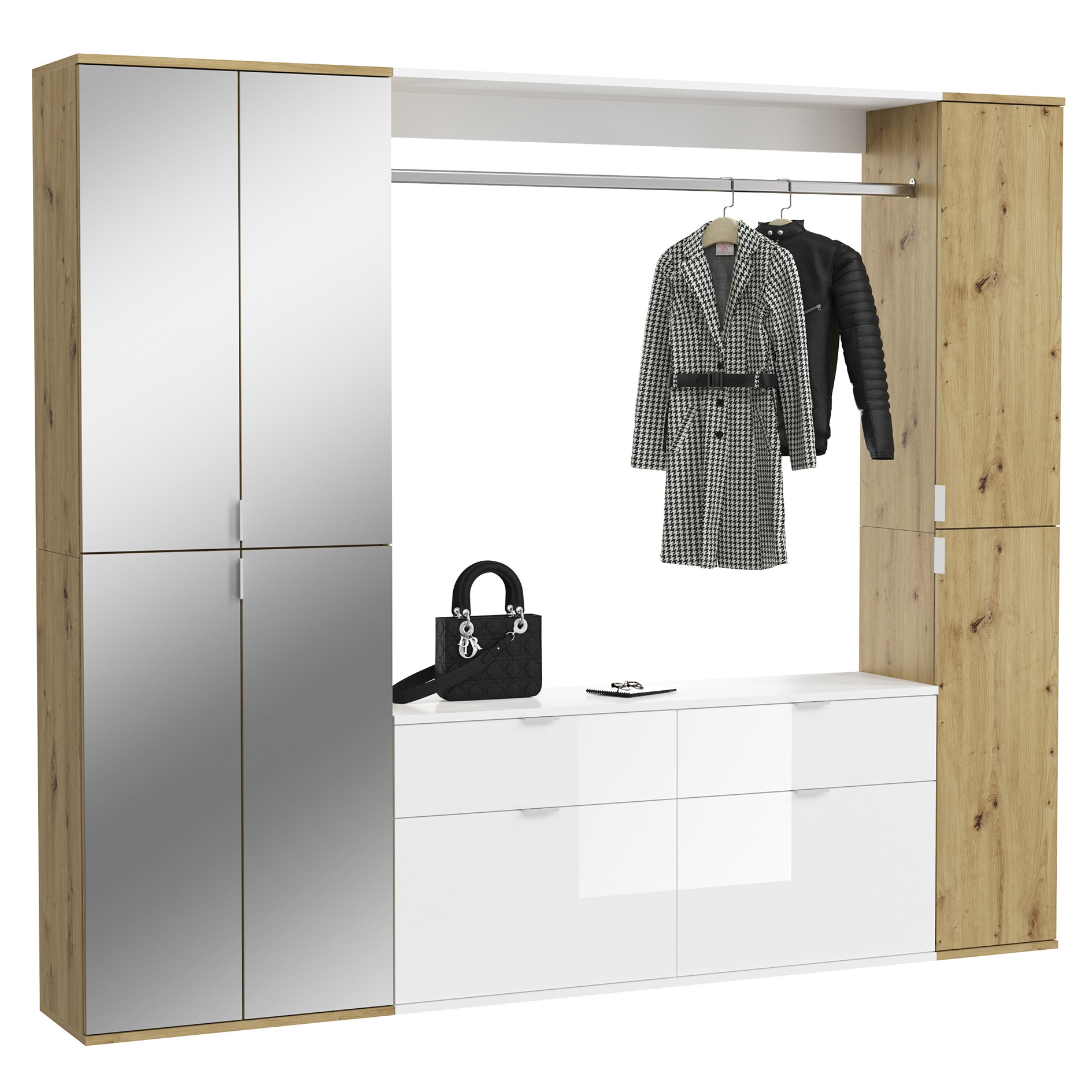 5-teilige Garderobenkombination PROJEKT X - Artisan Eiche - weiß Hochglanz - mit Spiegel - 212 cm