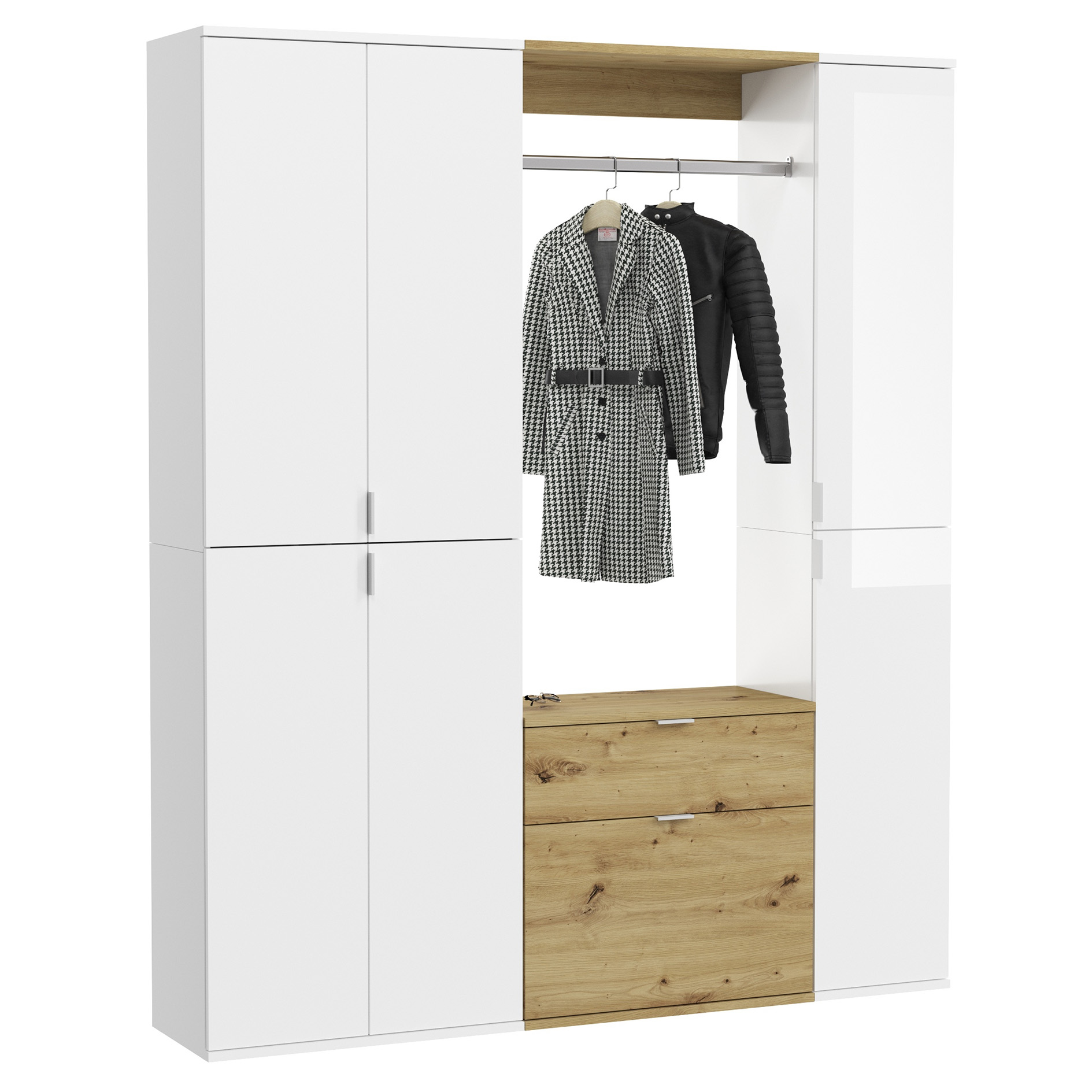 5-teilige Garderobenkombination PROJEKT X - weiß Hochglanz - Artisan Eiche - 152 cm