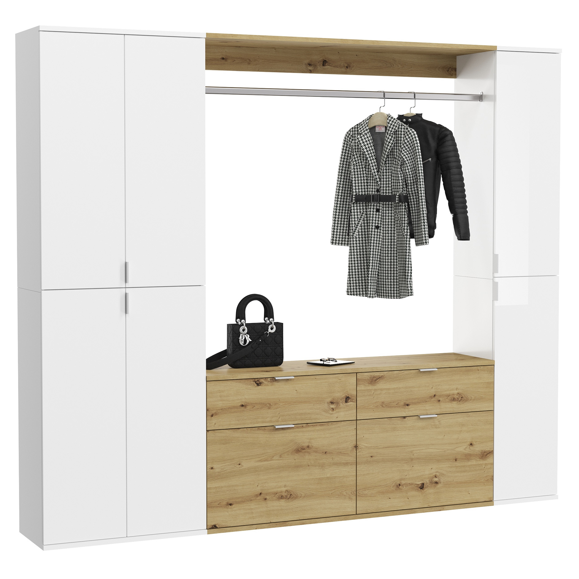 5-teilige Garderobenkombination PROJEKT X - weiß Hochglanz - Artisan Eiche - 212 cm