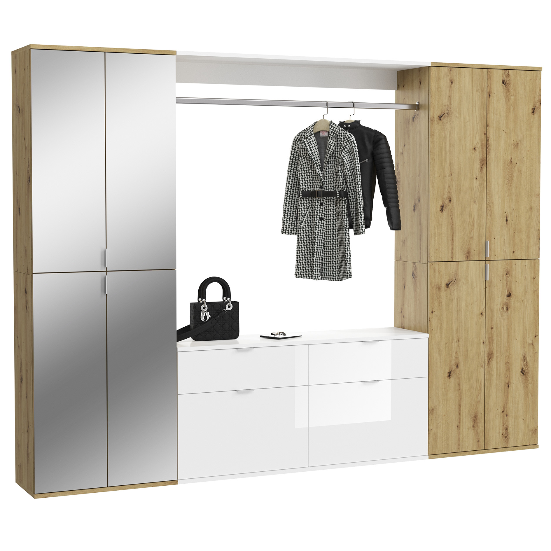 5-teilige Garderobenkombination PROJEKT X - weiß Hochglanz - Artisan Eiche - mit Spiegel - 243 cm