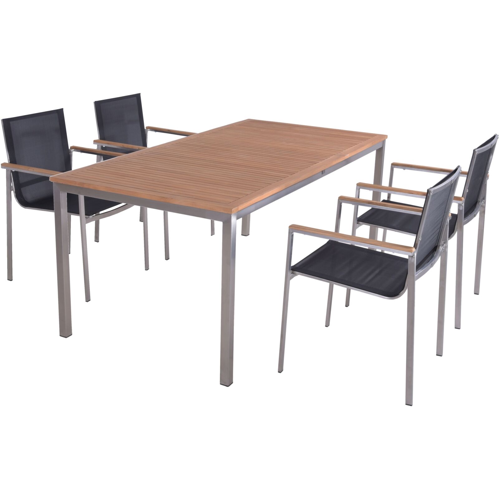 5-teilige Tischgruppe DENVER - dunkelgrau-silber - geöltes Teak Massivholz