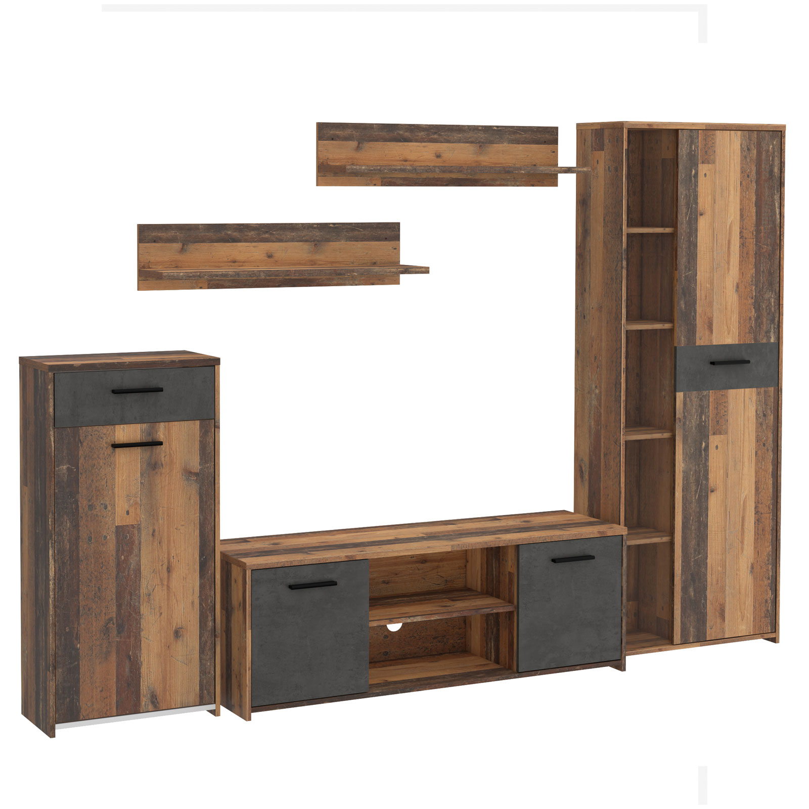 5-teilige Wohnwand - Old Wood Vintage - Betonoptik