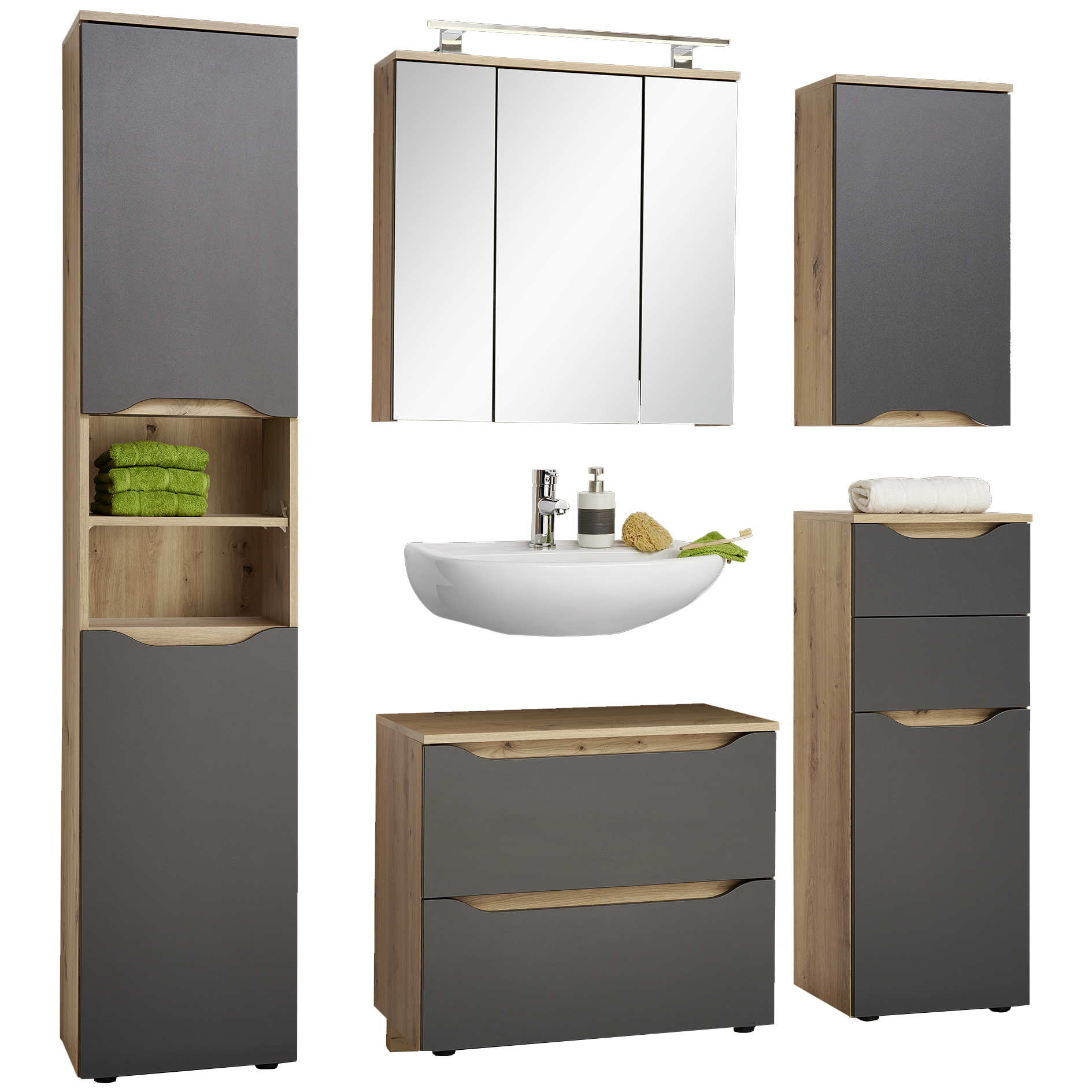 5-teiliges Badmöbel-Set - anthrazit - Artisan Eiche - Soft-Close