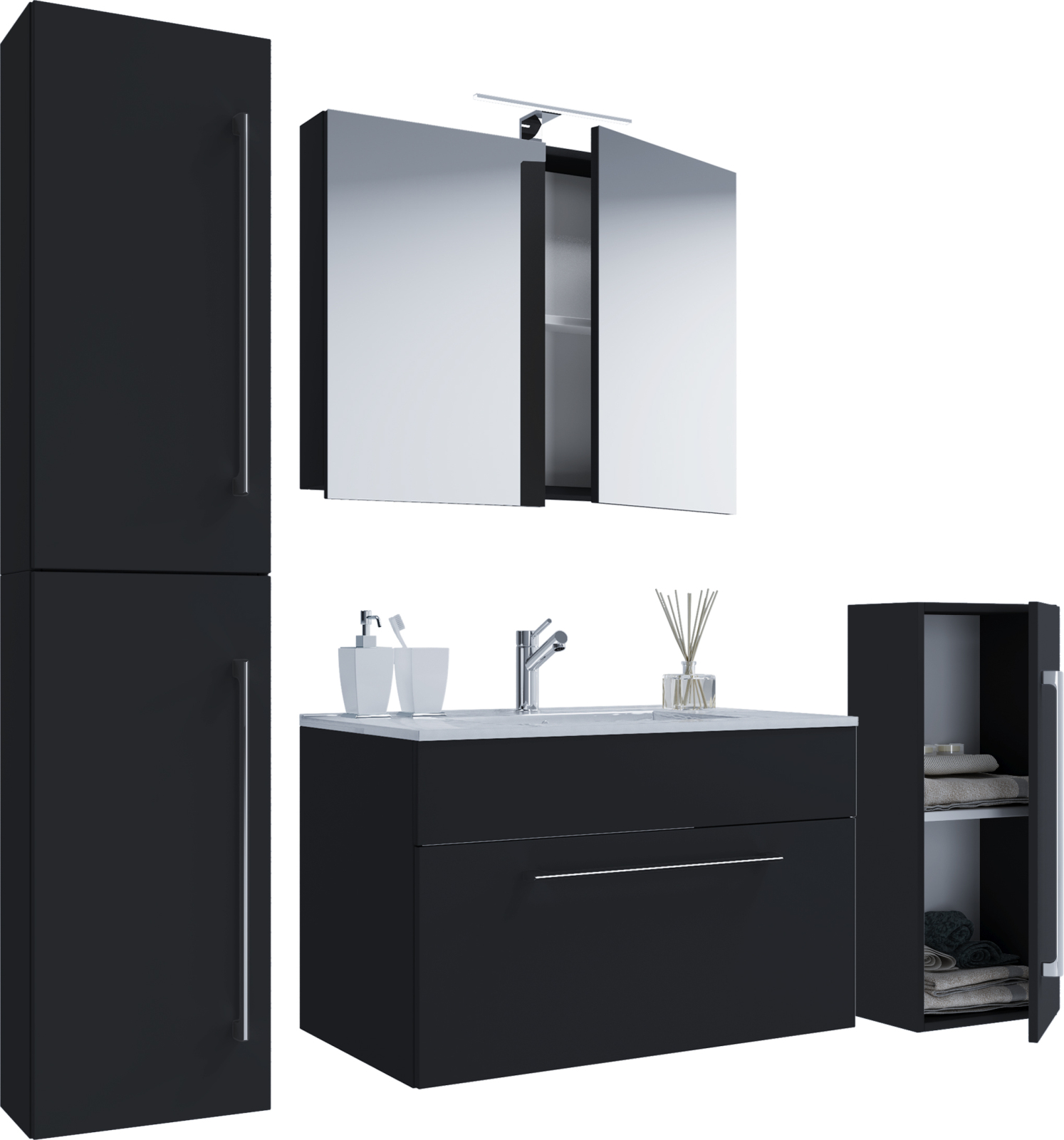 5-teiliges Badmöbel-Set BADINOS - schwarz - mit Spiegelschrank - 80 cm