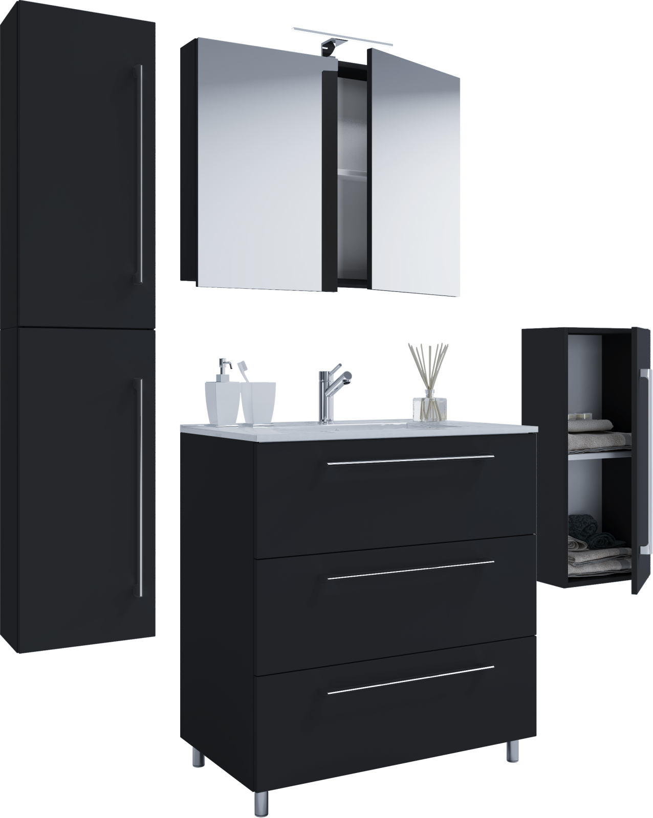 5-teiliges Badmöbel-Set BADINOS - schwarz - mit Spiegelschrank