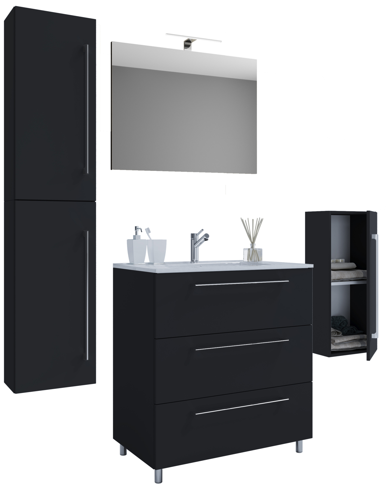5-teiliges Badmöbel-Set BADINOS - schwarz - Spiegel - 126 cm breit