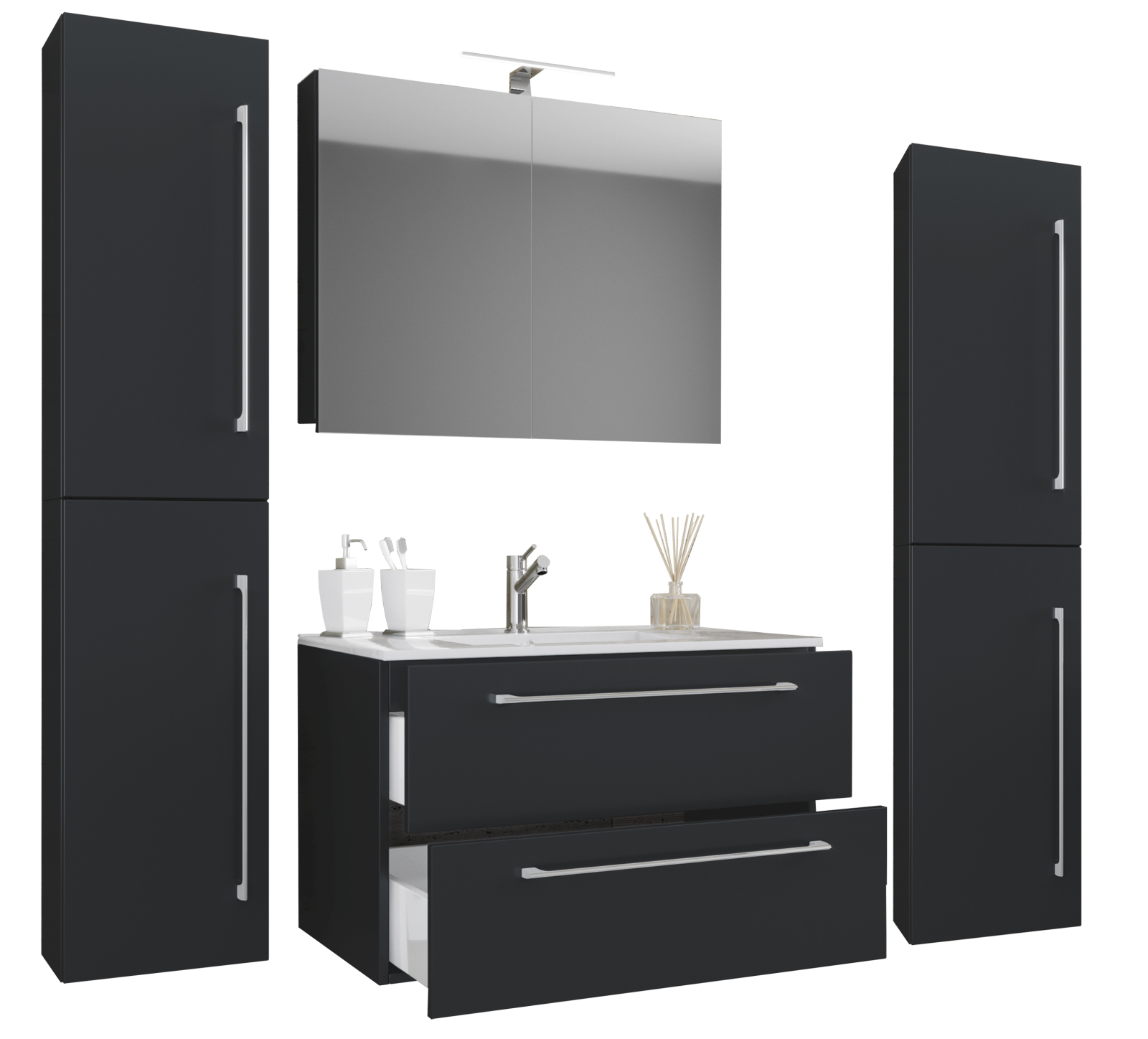 5-teiliges Badmöbel-Set BADINOS - schwarz - Waschbecken - mit Spiegelschrank